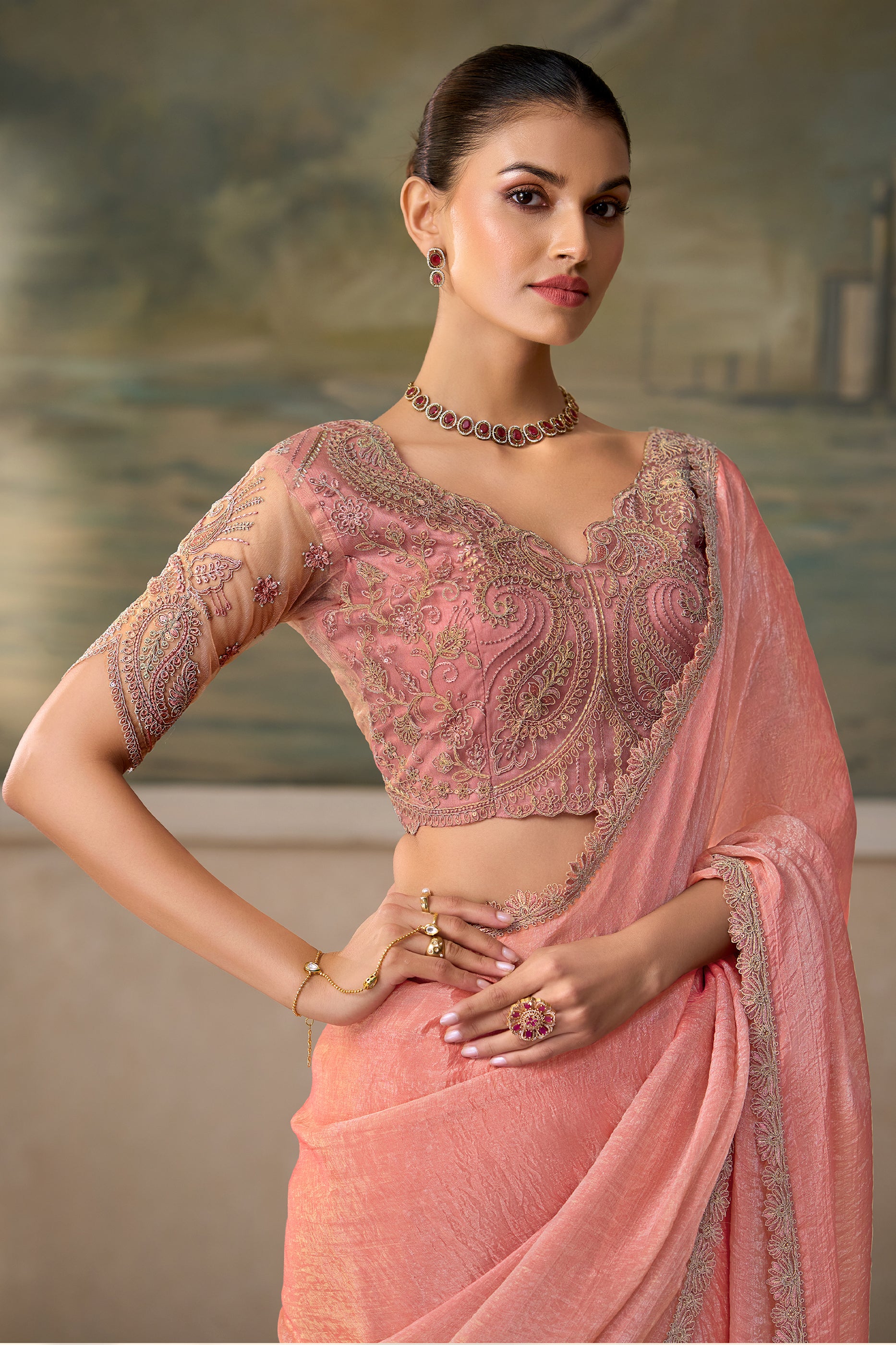 Dusty Pink Embroidered Crushed Tissue Saree-SAR13180_2_SareeButa.com