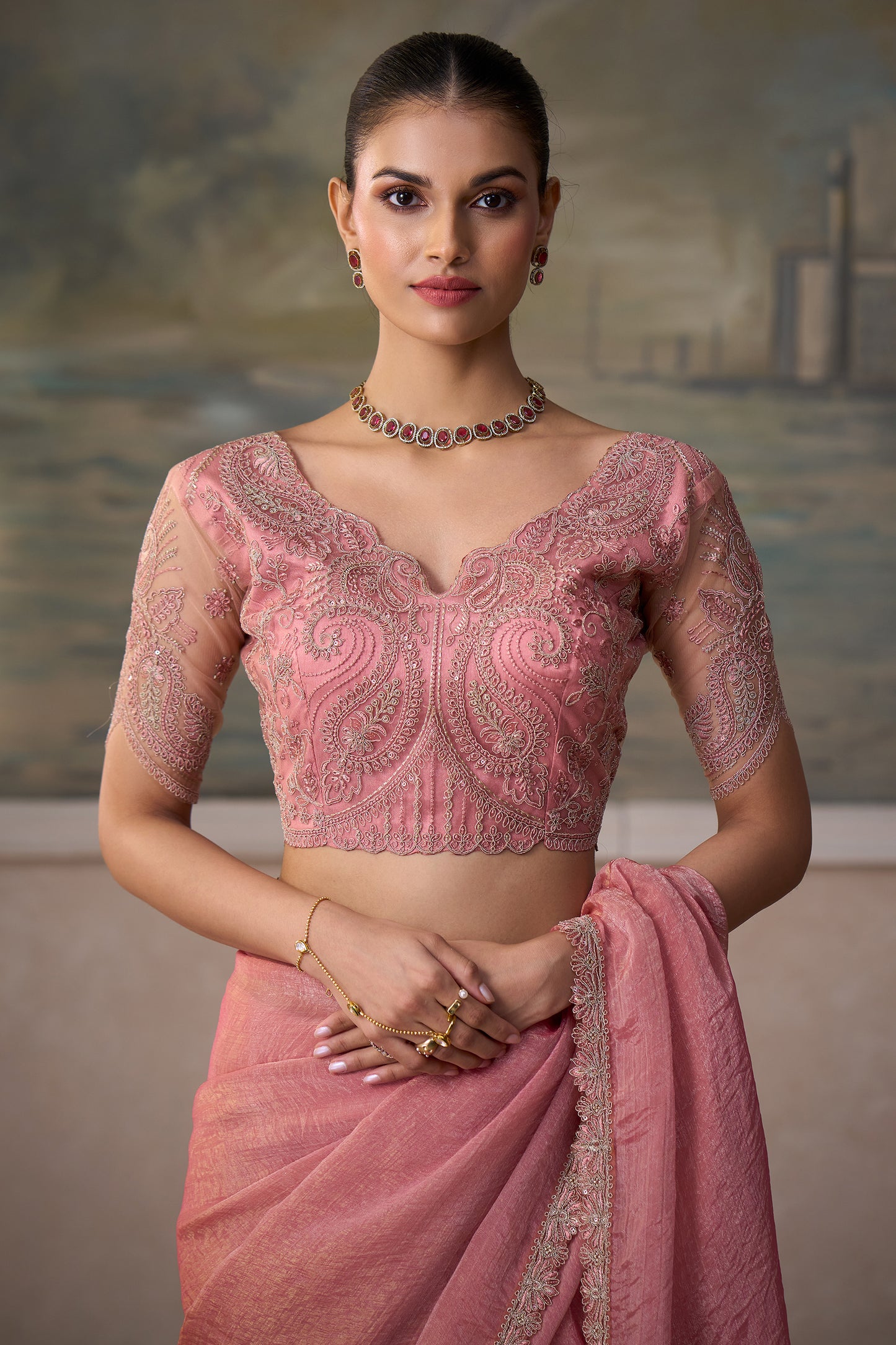 Dusty Pink Embroidered Crushed Tissue Saree-SAR13180_3_SareeButa.com