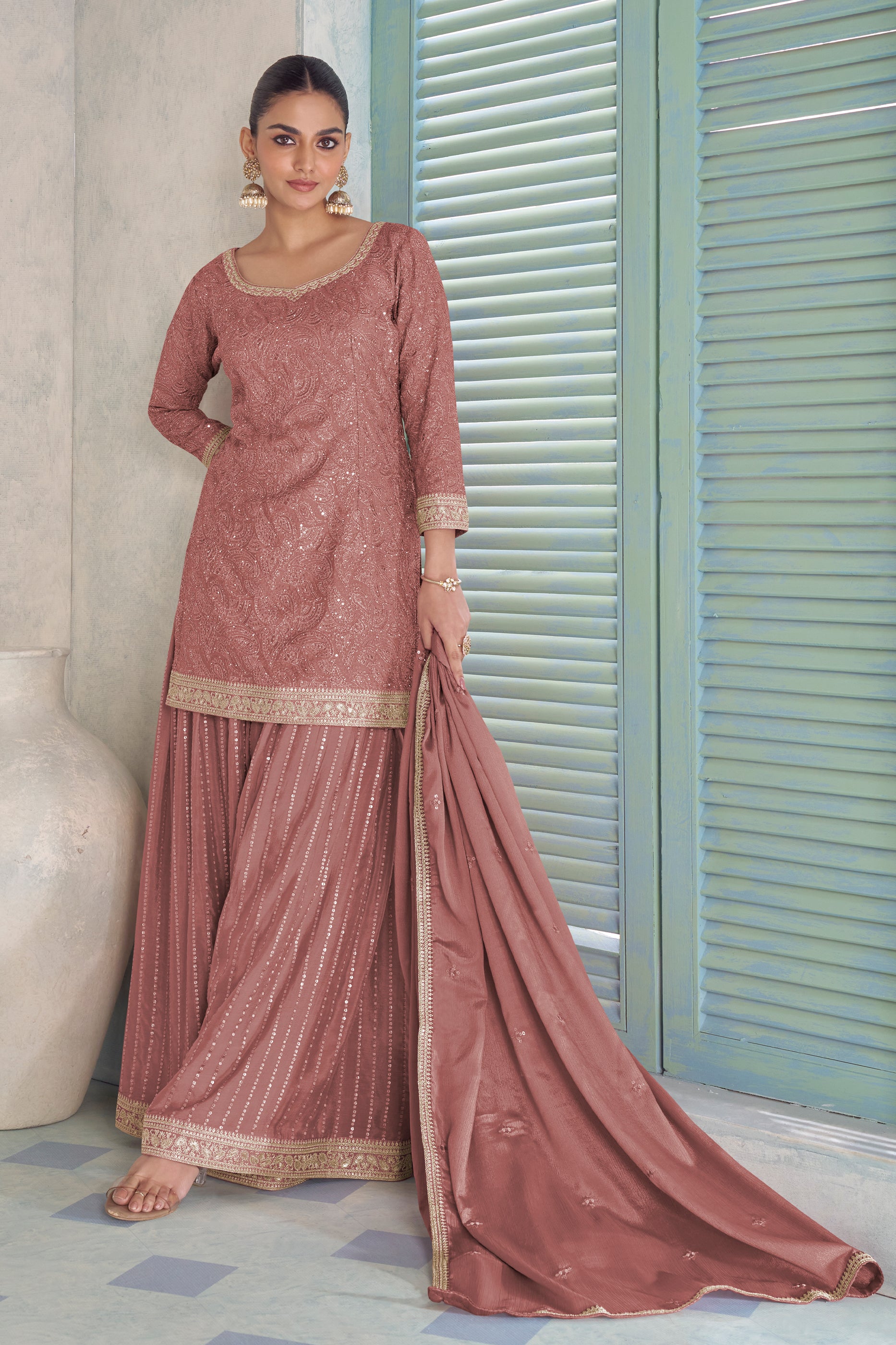 Dusty Pink Readymade Embroidered Chinon Suit-SAR12239_1_SareeButa.com