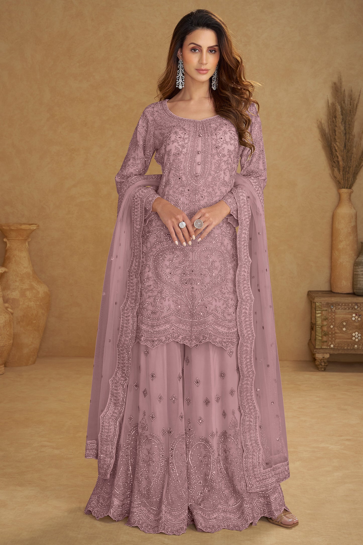 Dusty Pink Readymade Embroidered Net Suit-SAR13208_1_SareeButa.com