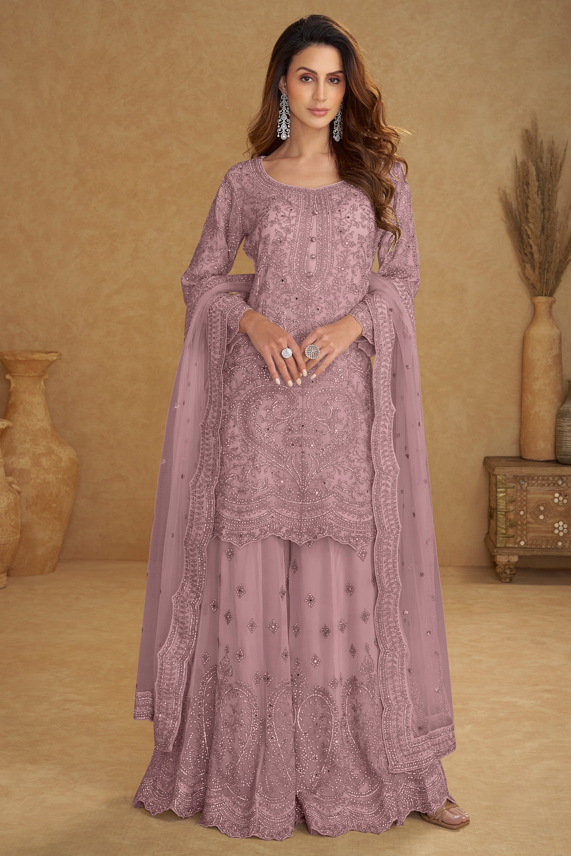 Dusty Pink Readymade Embroidered Net Suit-SAR13208_1_SareeButa.com