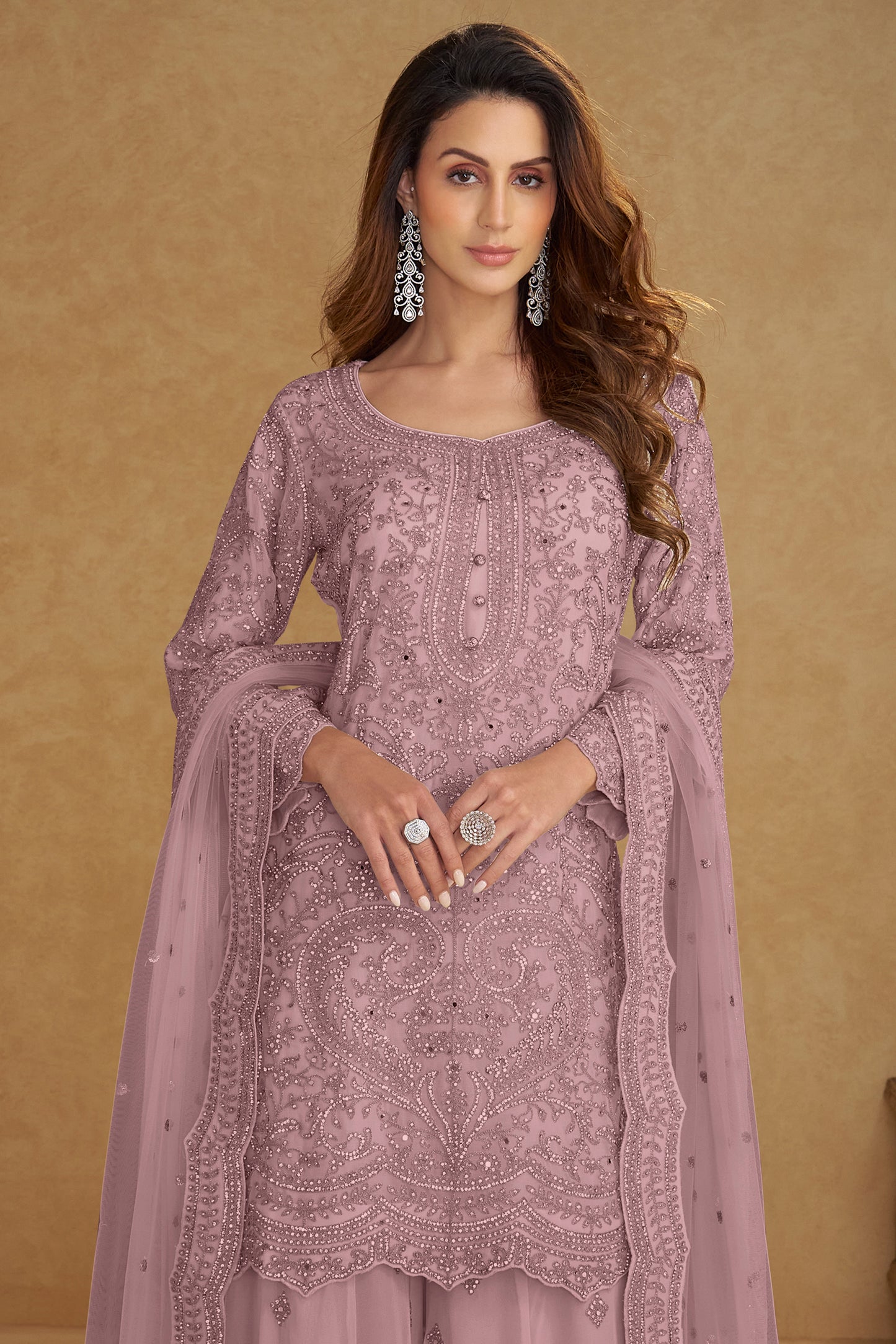 Dusty Pink Readymade Embroidered Net Suit-SAR13208_3_SareeButa.com