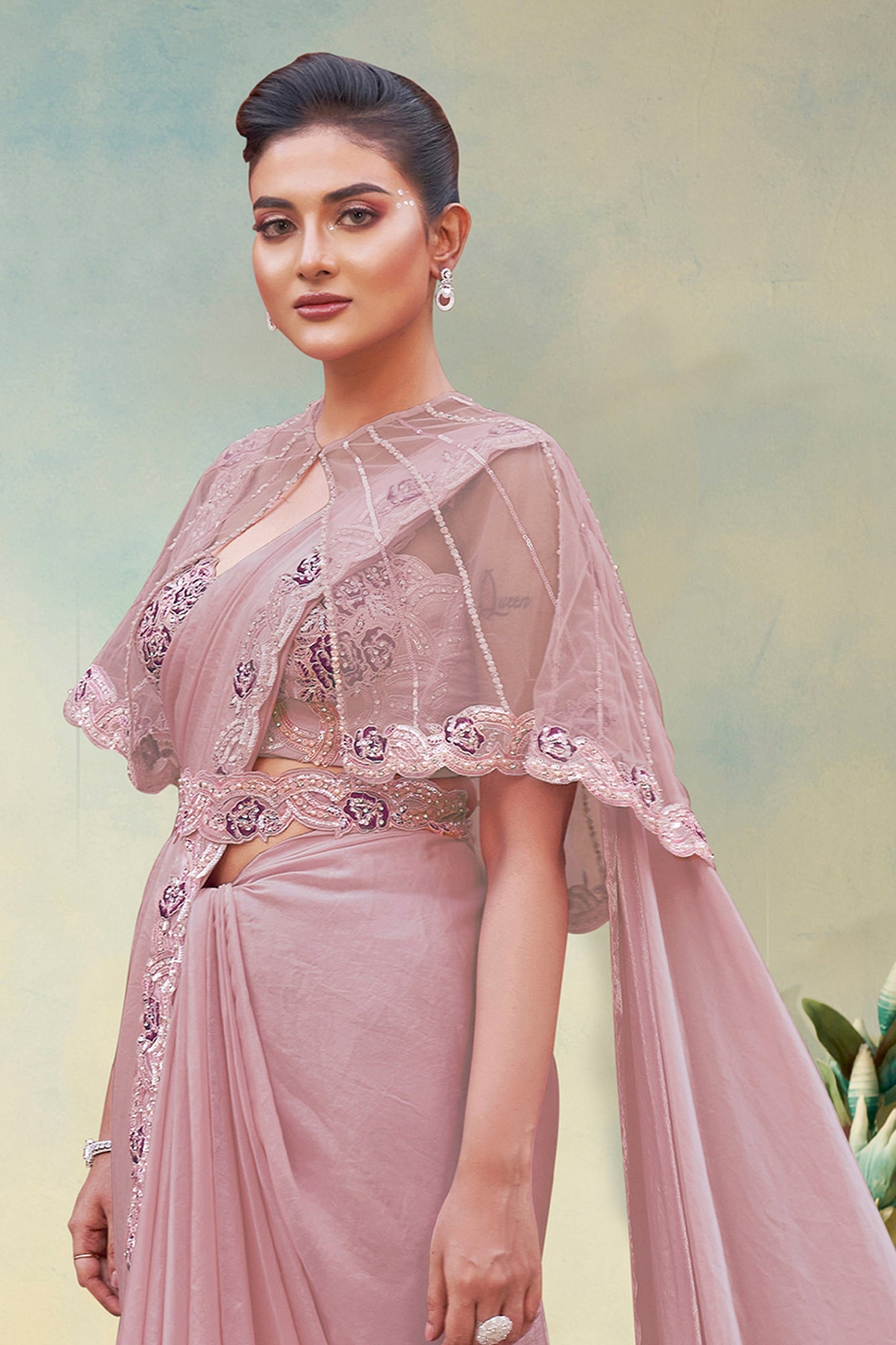 Dusty Pink Satin Silk Readymade Saree-SAR11157_2_SareeButa.com