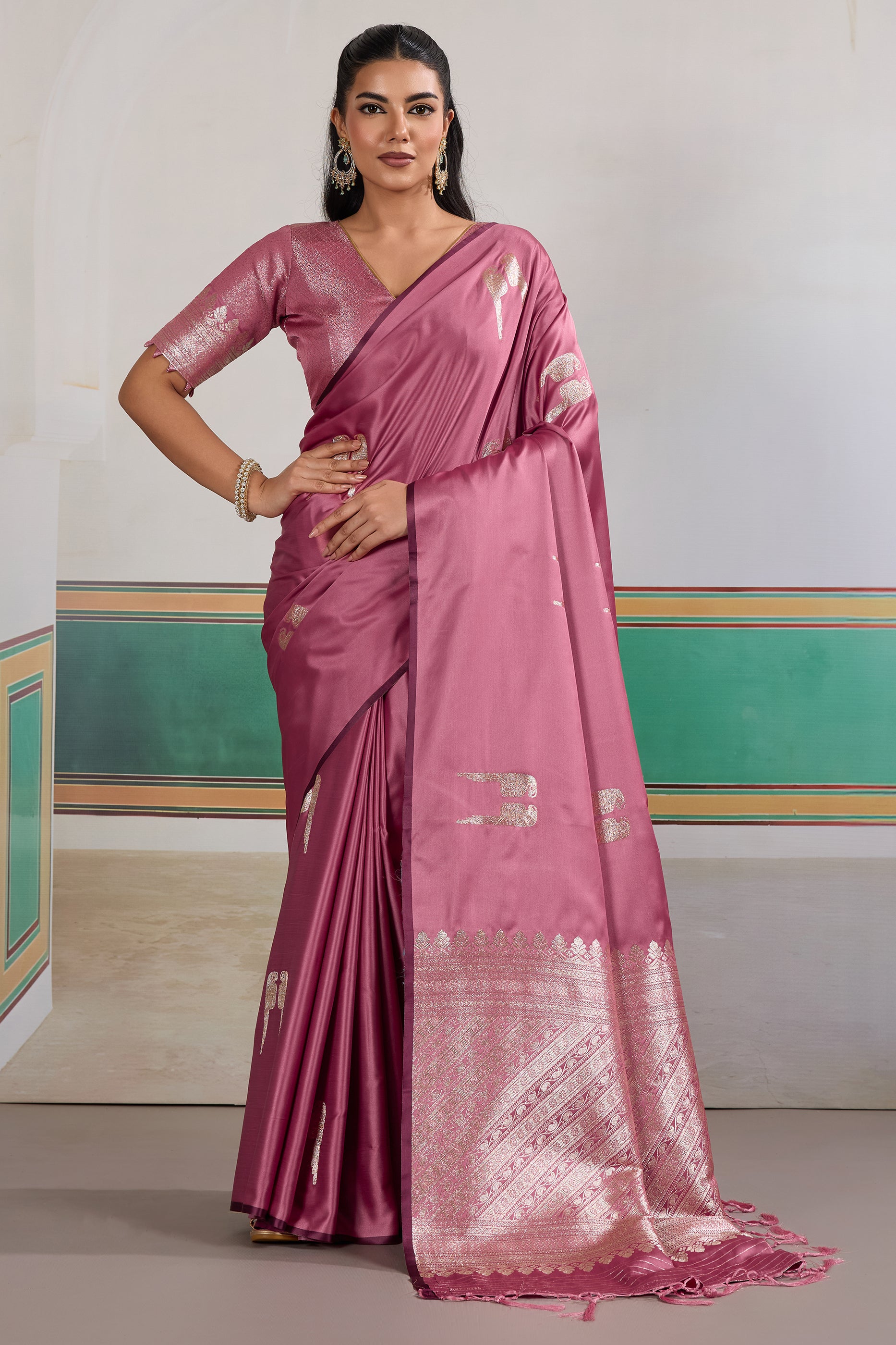 Dusty Pink Woven Satin Saree-SAR12292_1_SareeButa.com
