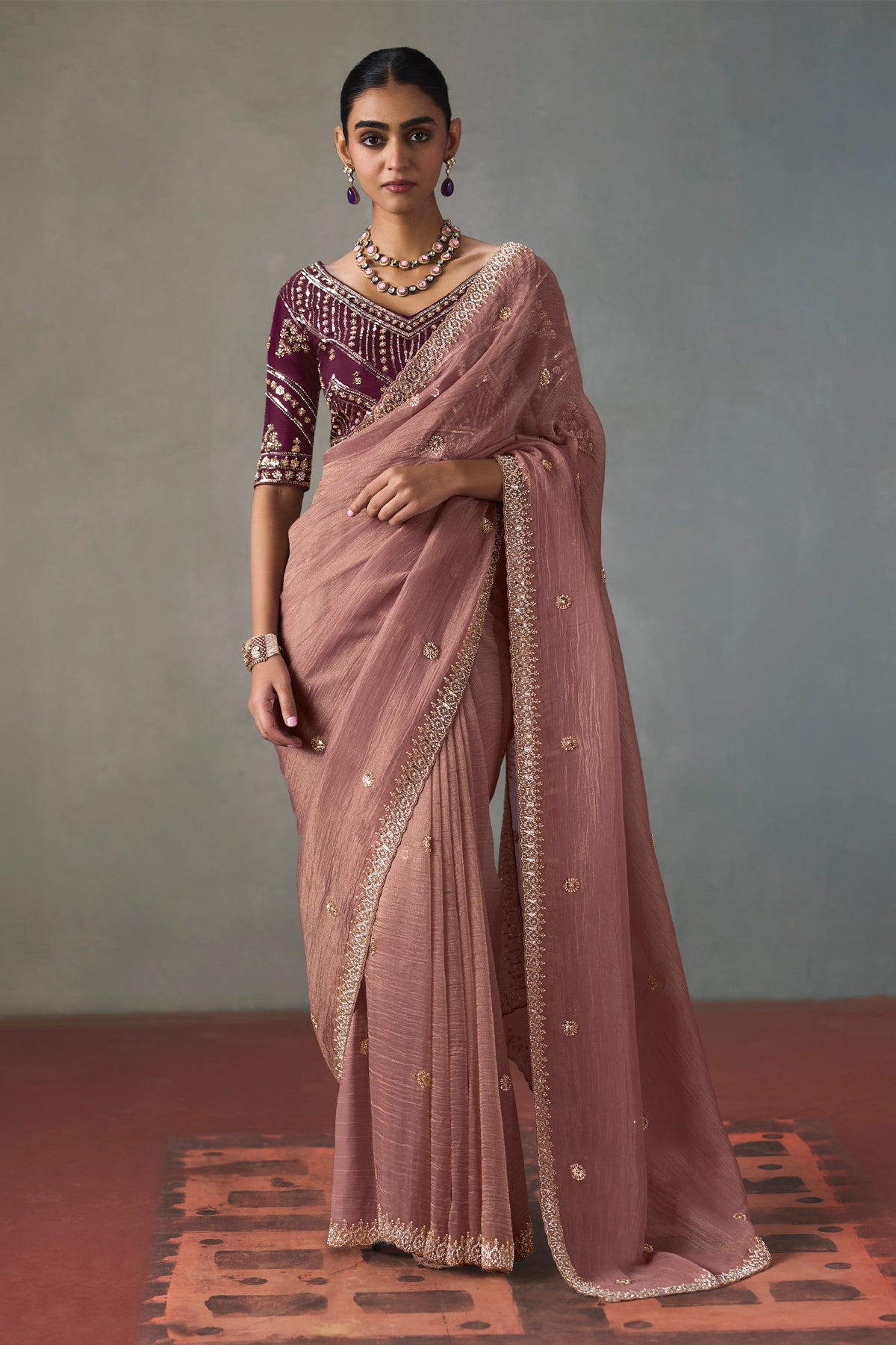 Dusty Rose Embroidered Silk Saree-SAR13401_1_SareeButa.com