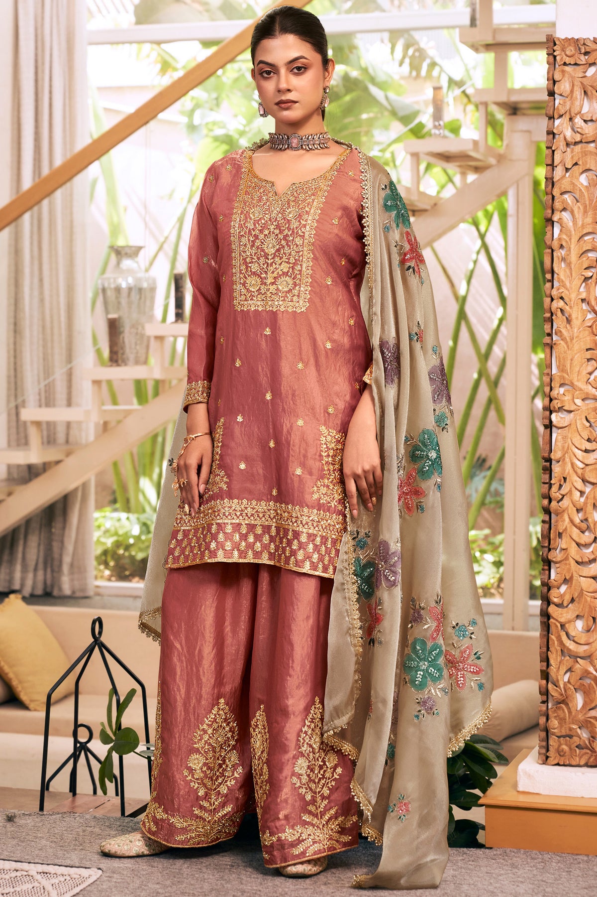 Dusty Rose Fendy Silk Embroidered Palazzo Suit-SAR13546_1_SareeButa.com
