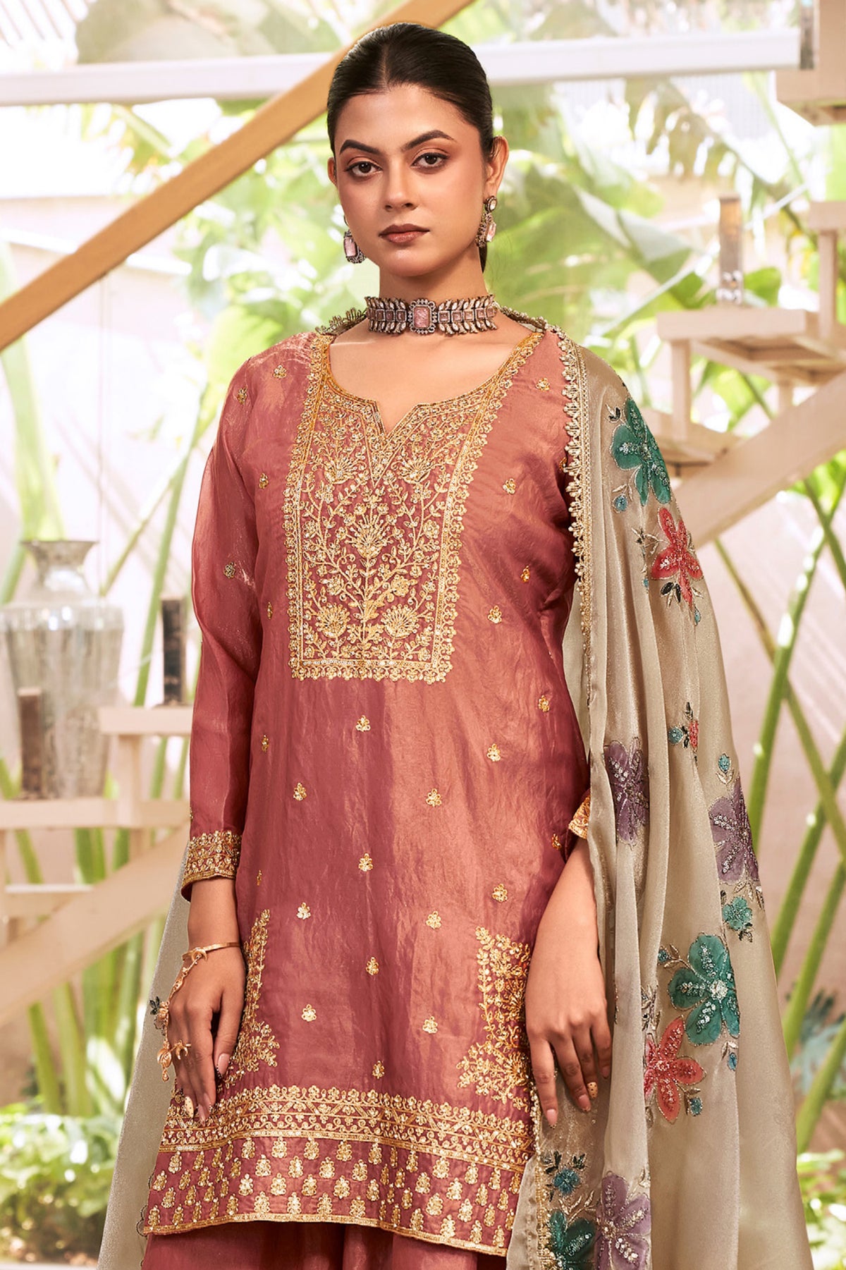 Dusty Rose Fendy Silk Embroidered Palazzo Suit-SAR13546_3_SareeButa.com