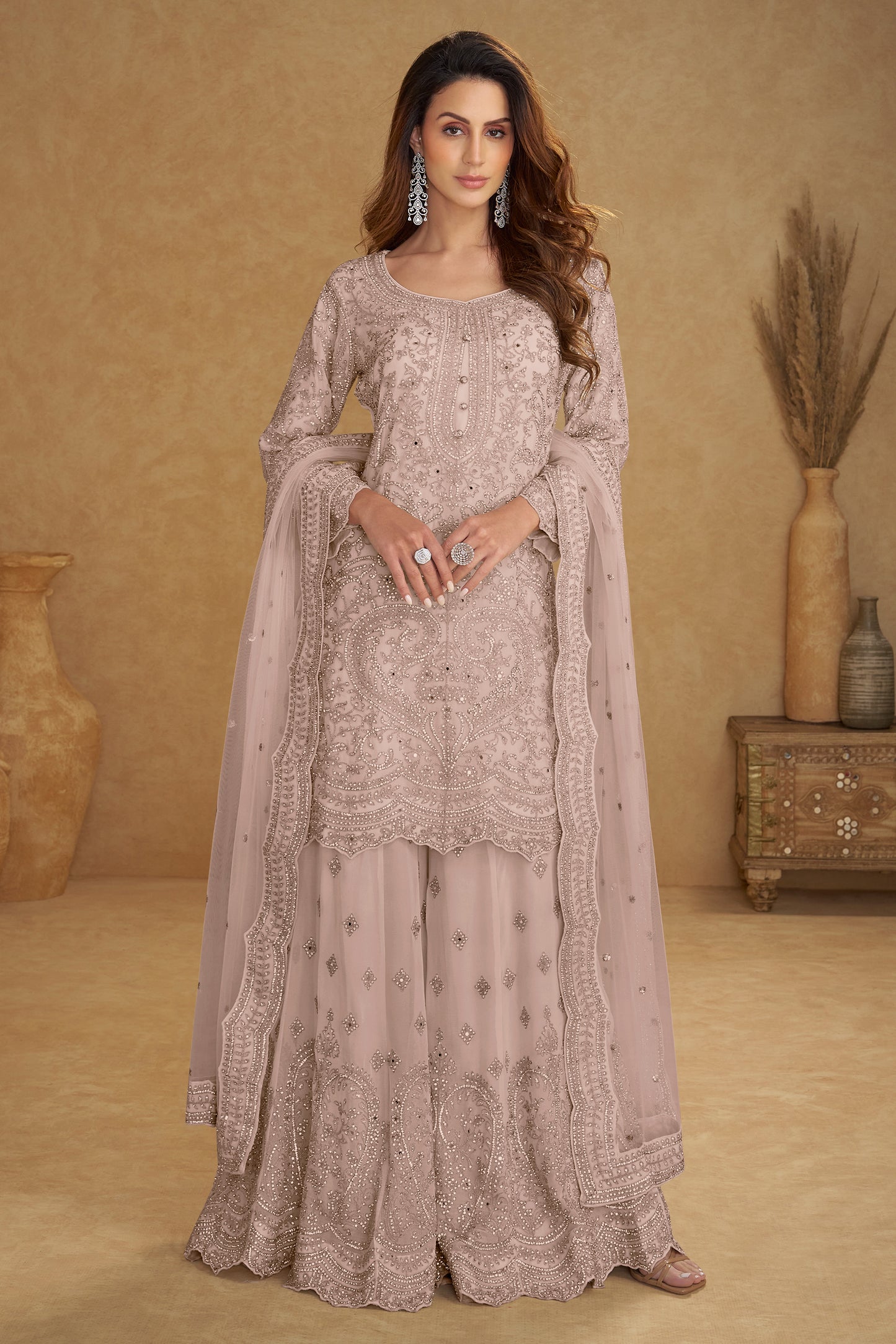 Dusty Rose Readymade Embroidered Net Suit-SAR13210_1_SareeButa.com
