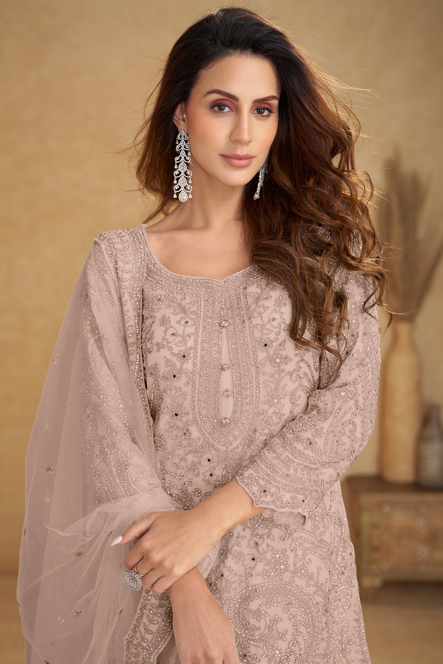 Dusty Rose Readymade Embroidered Net Suit-SAR13210_2_SareeButa.com