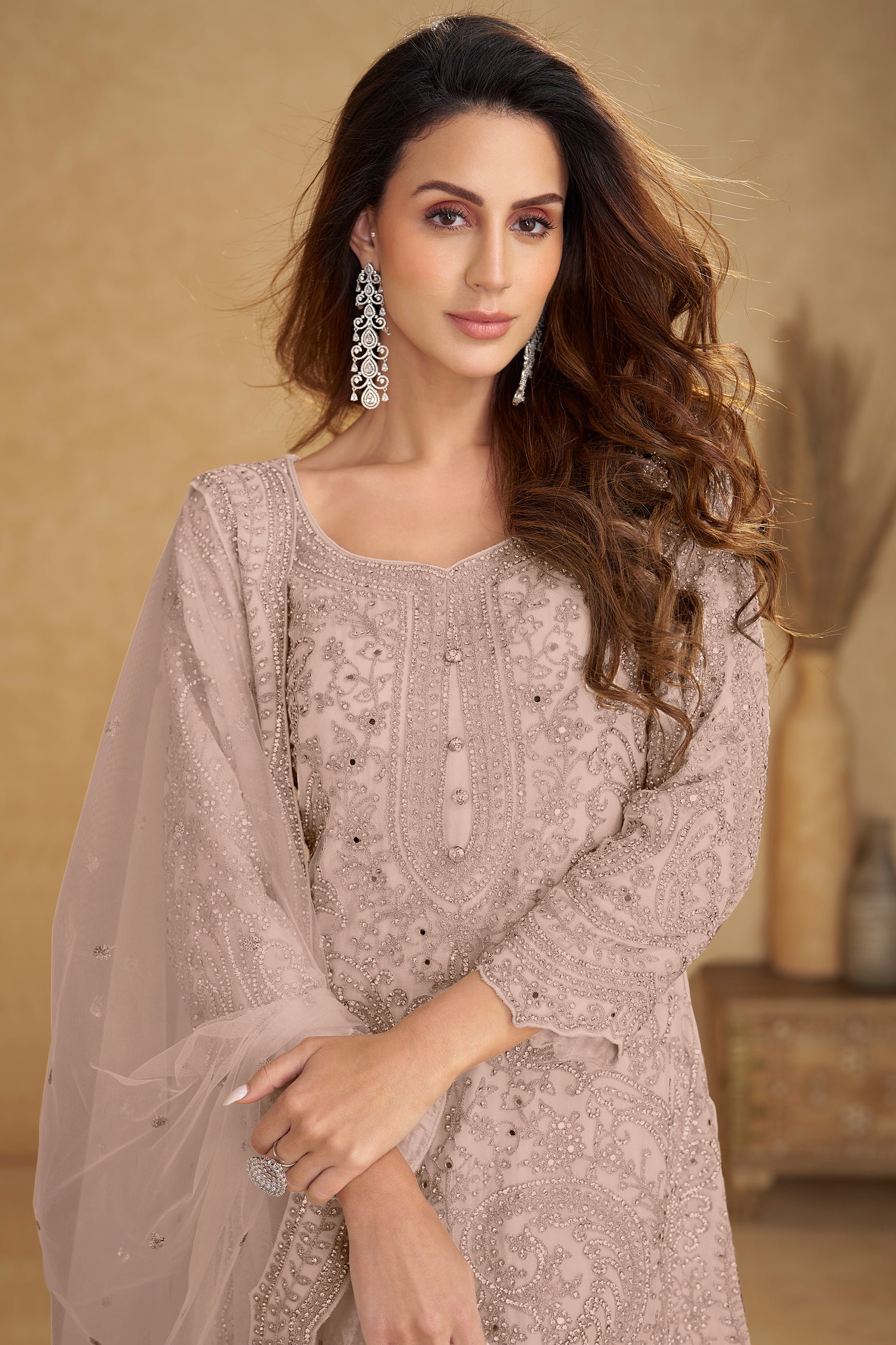 Dusty Rose Readymade Embroidered Net Suit-SAR13210_2_SareeButa.com