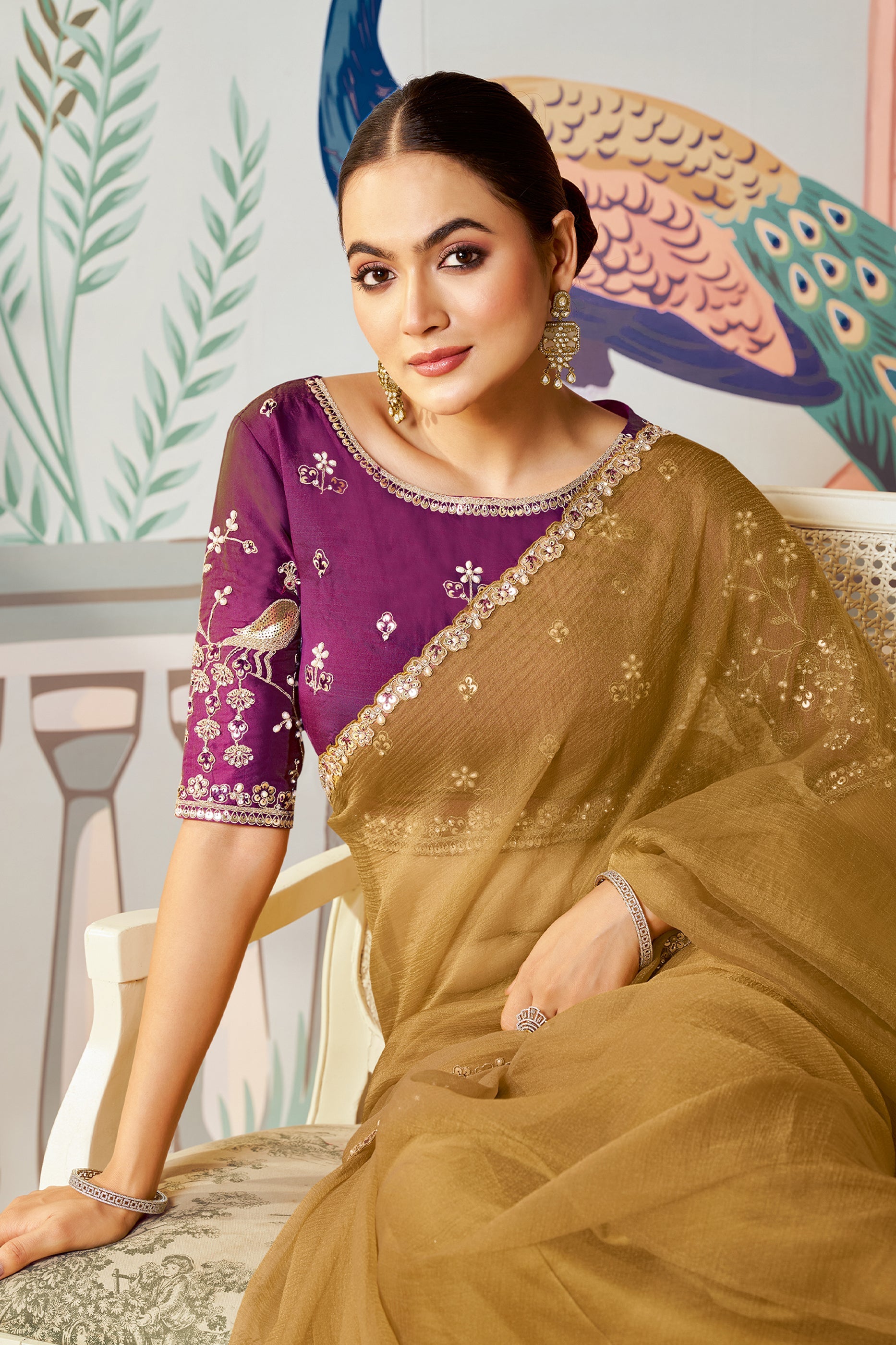 Dusty Yellow Satin Organza Silk Saree-SAR10470_2_SareeButa.com