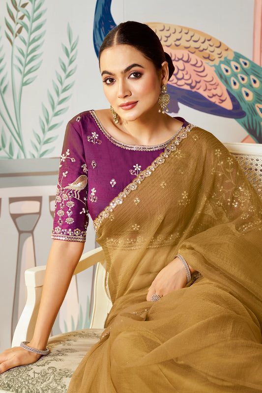 Dusty Yellow Satin Organza Silk Saree-SAR10470_2_SareeButa.com