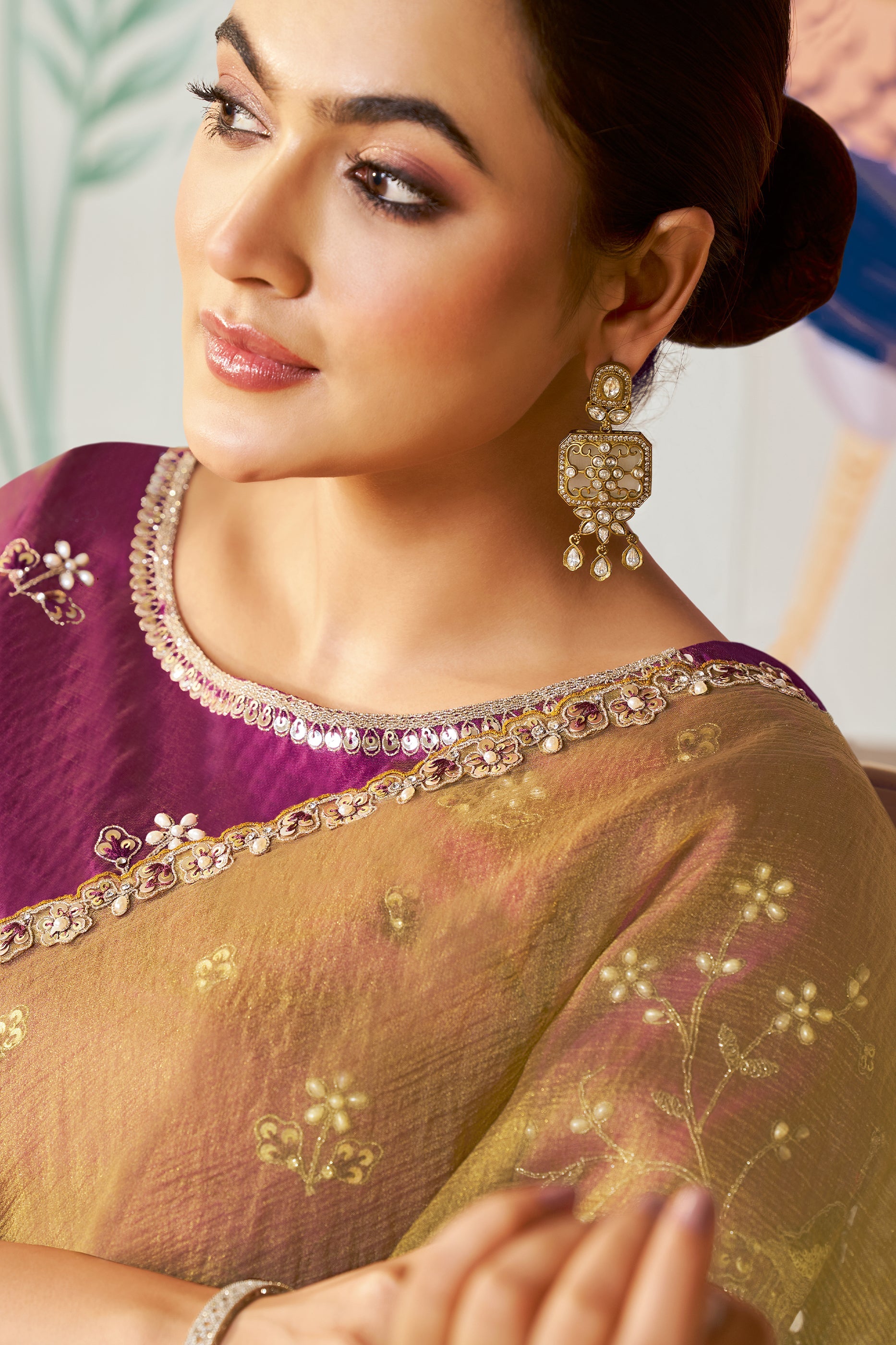 Dusty Yellow Satin Organza Silk Saree-SAR10470_3_SareeButa.com