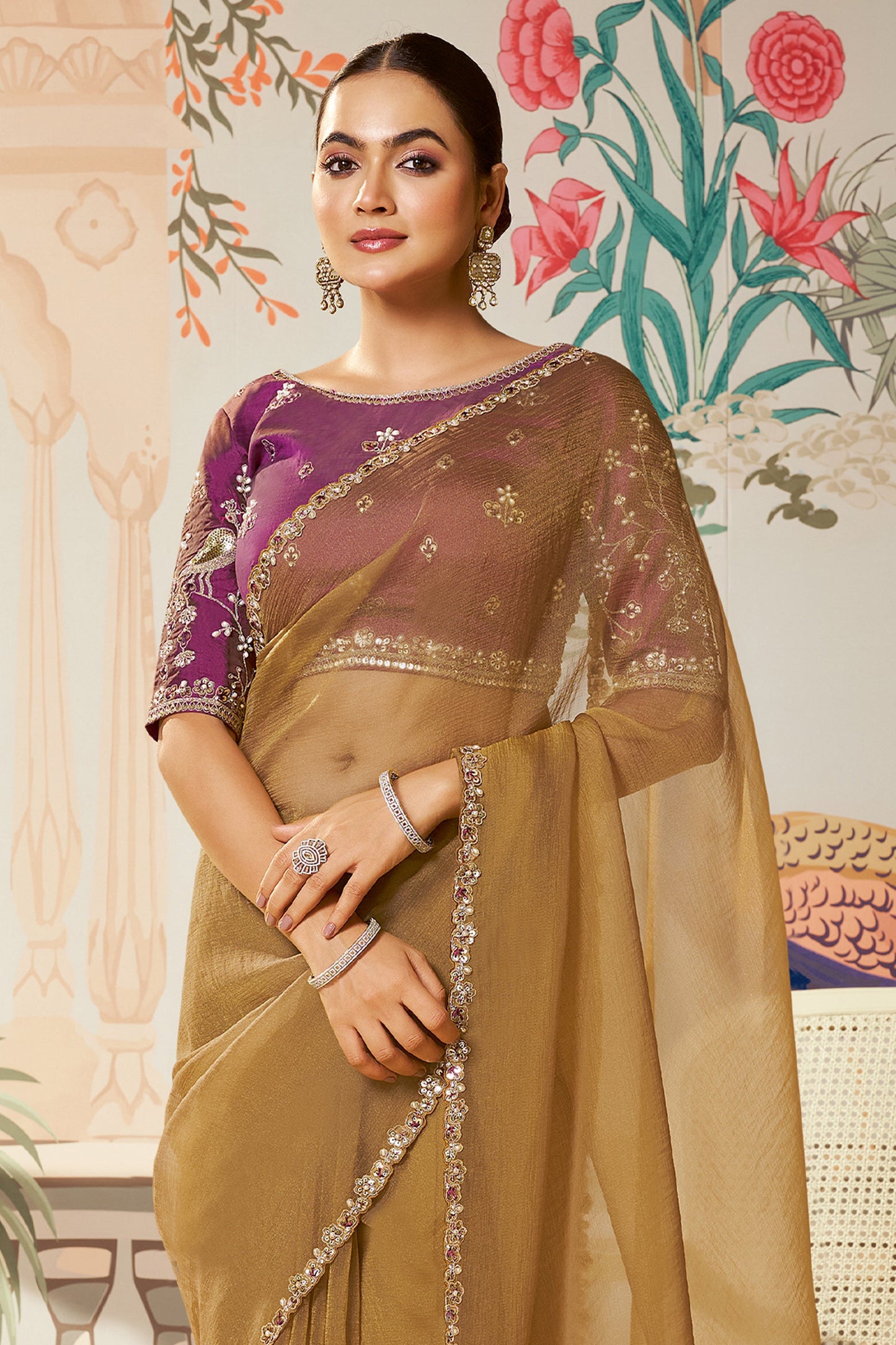 Dusty Yellow Satin Organza Silk Saree-SAR10470_4_SareeButa.com