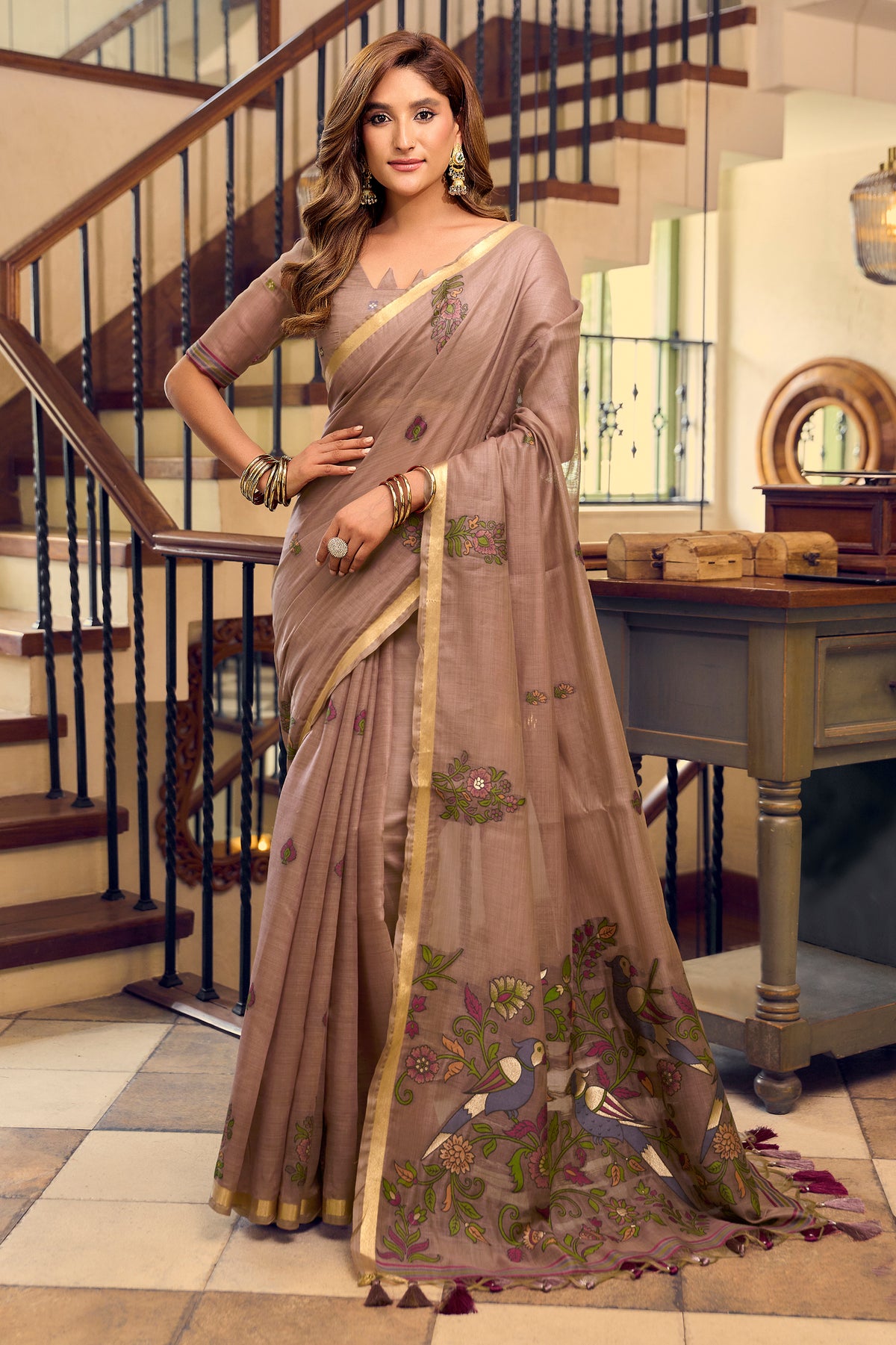 Earthy Brown Cotton Saree with Kalamkari Motifs-SAR12950_1_SareeButa.com