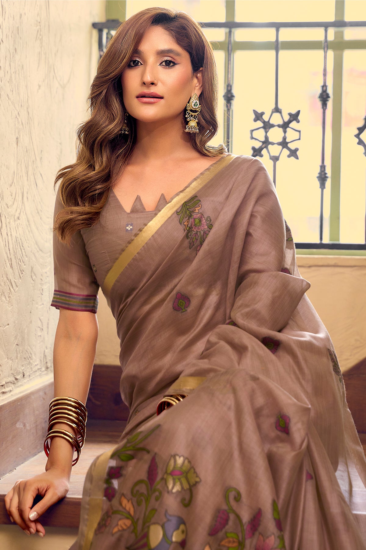 Earthy Brown Cotton Saree with Kalamkari Motifs-SAR12950_2_SareeButa.com
