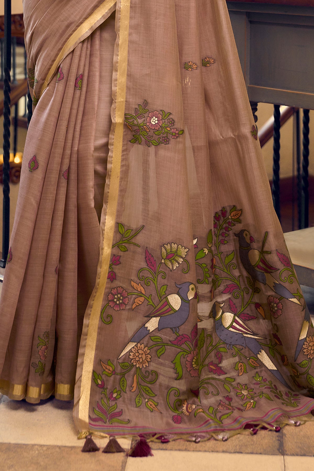 Earthy Brown Cotton Saree with Kalamkari Motifs-SAR12950_4_SareeButa.com