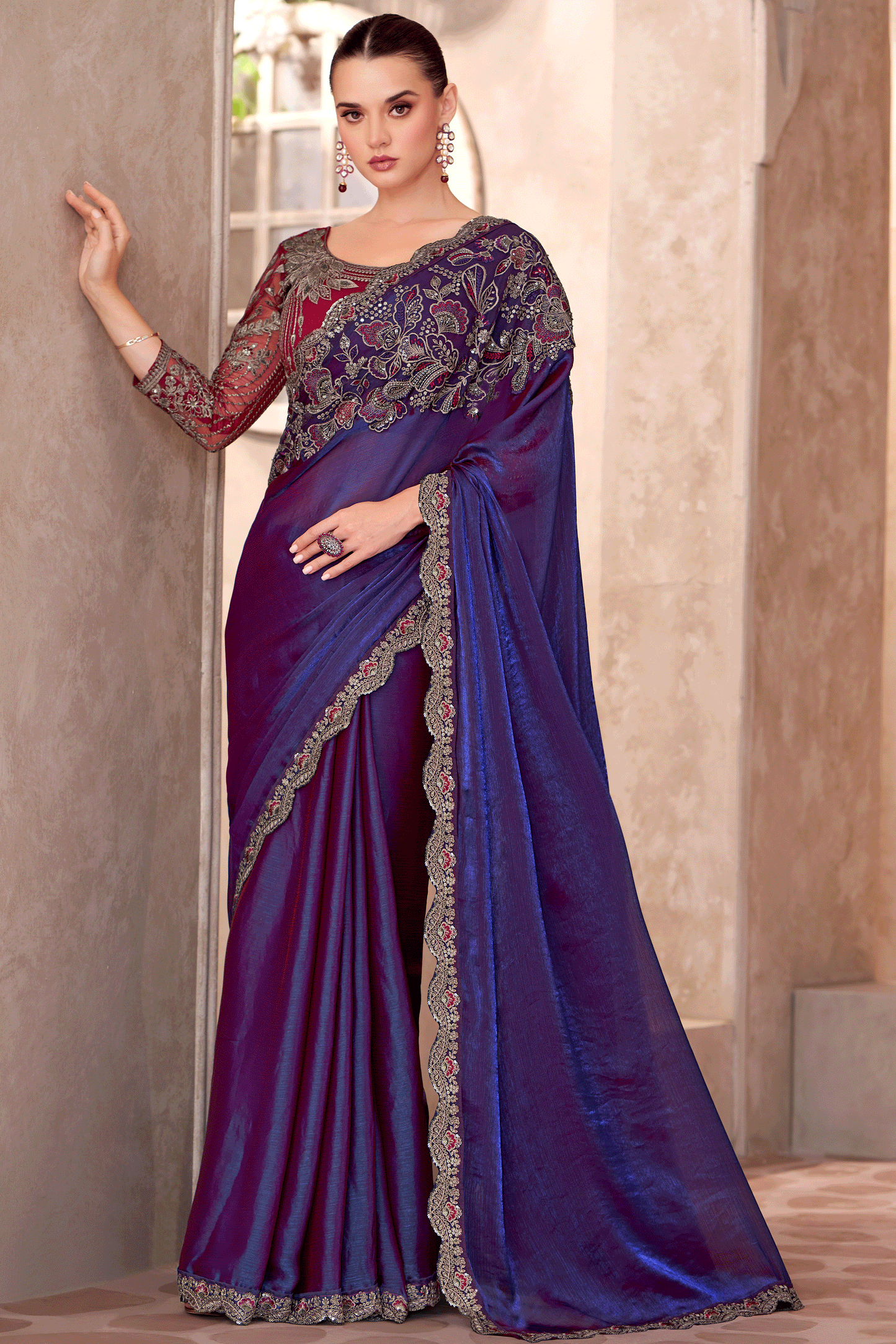 Electric Blue Embroidered Satin Georgette Saree-ZB134919_1_SareeButa.com
