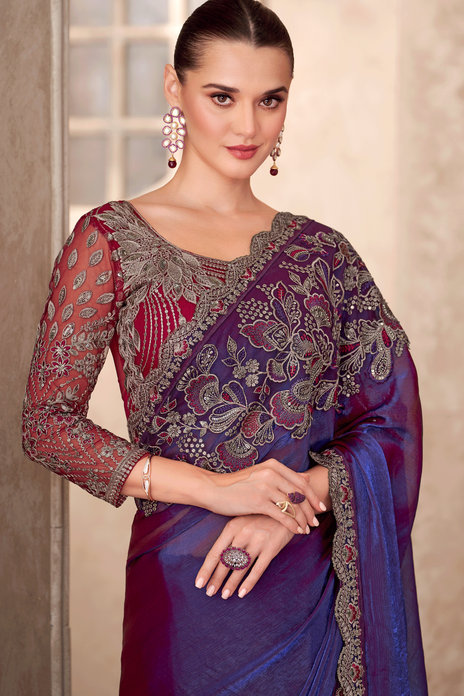 Electric Blue Embroidered Satin Georgette Saree-ZB134919_2_SareeButa.com