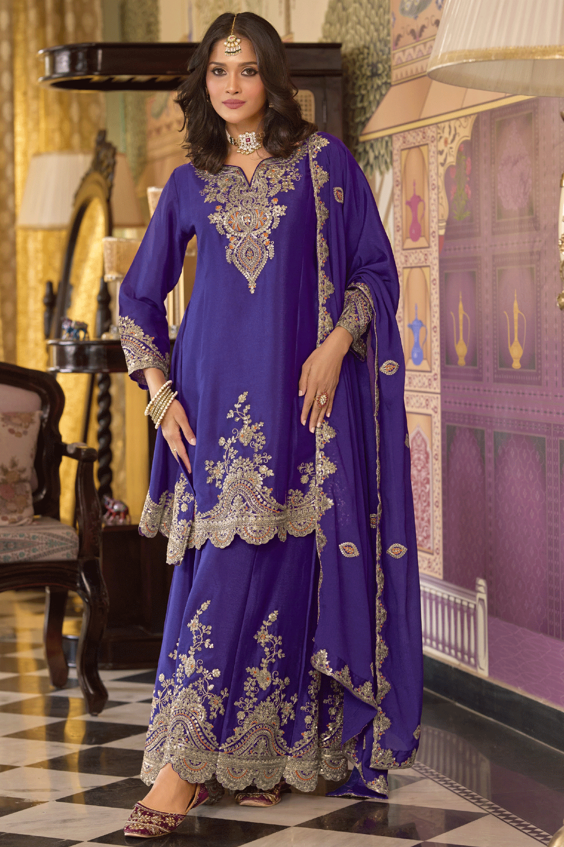 Electric Blue Readymade Embroidered Chinon A-Line Suit-SS824_1_SareeButa.com