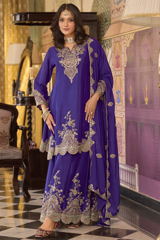 Electric Blue Readymade Embroidered Chinon A-Line Suit-SS824_1_SareeButa.com
