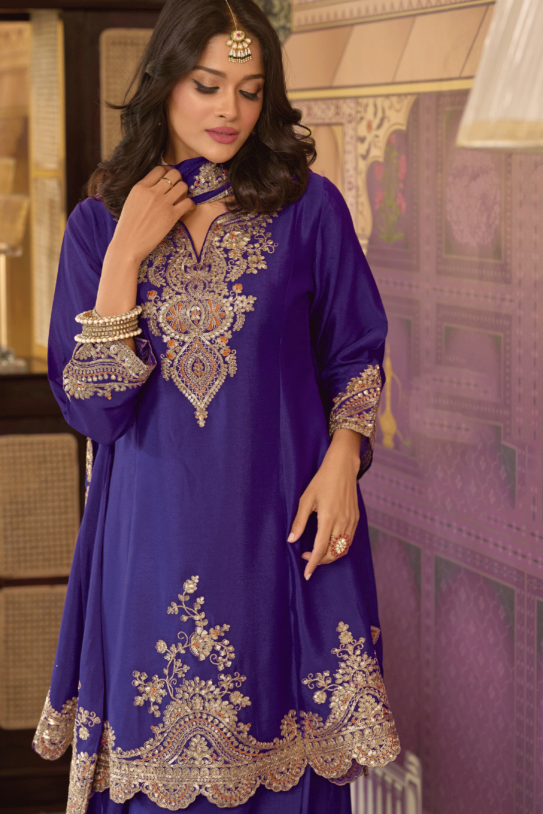 Electric Blue Readymade Embroidered Chinon A-Line Suit-SS824_2_SareeButa.com