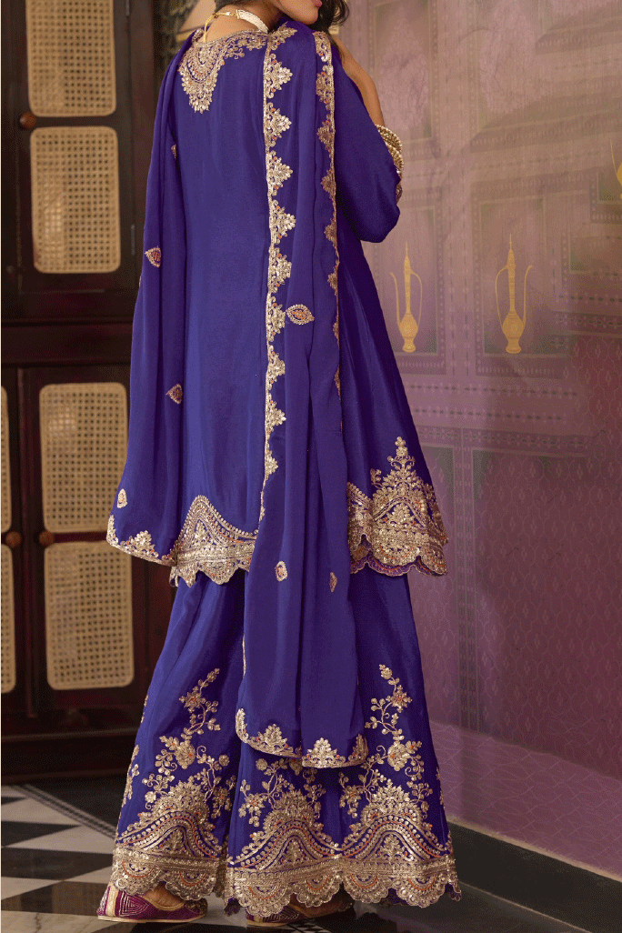 Electric Blue Readymade Embroidered Chinon A-Line Suit-SS824_3_SareeButa.com