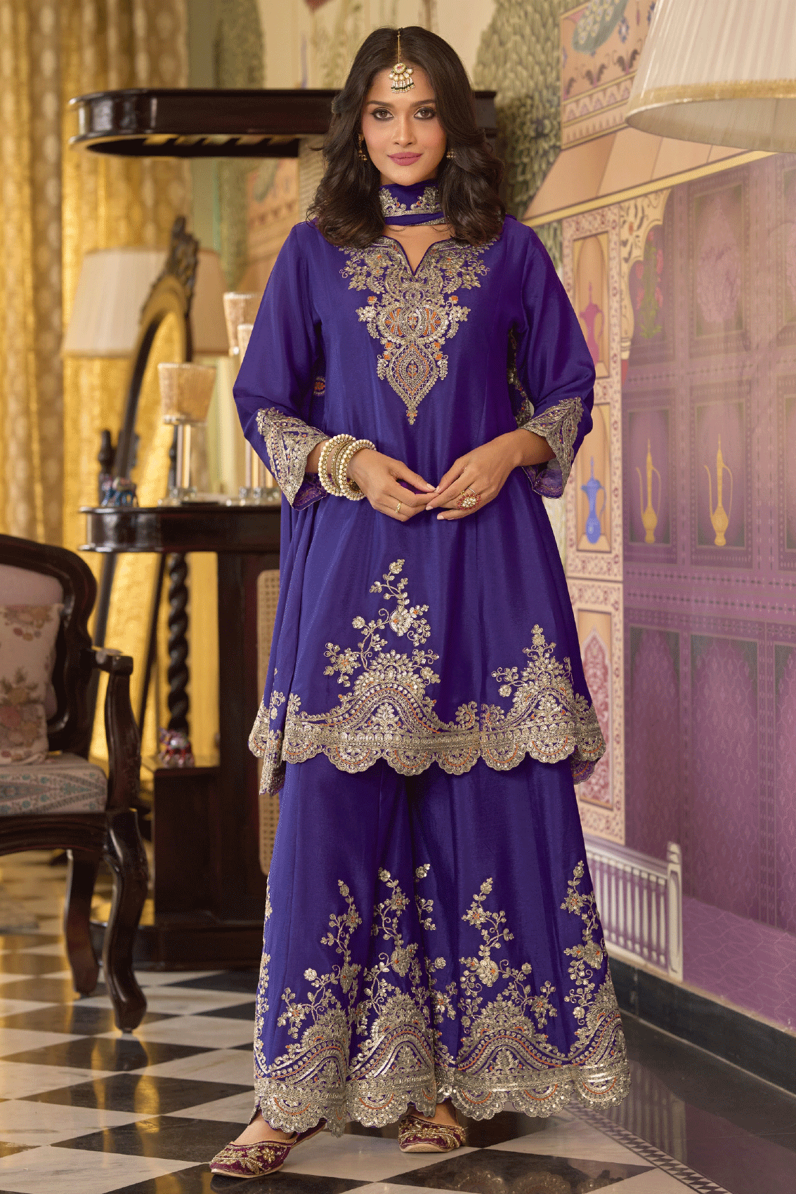 Electric Blue Readymade Embroidered Chinon A-Line Suit-SS824_4_SareeButa.com