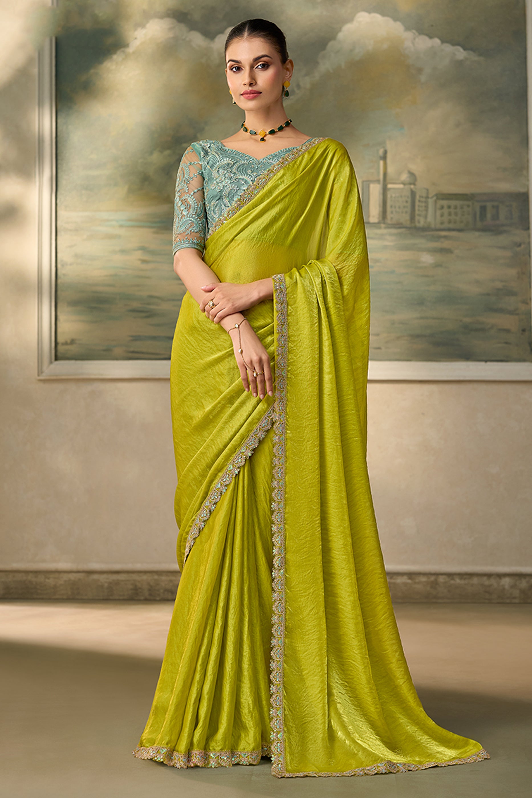 Electric Green Embroidered Satin Saree-SAR13186_1_SareeButa.com