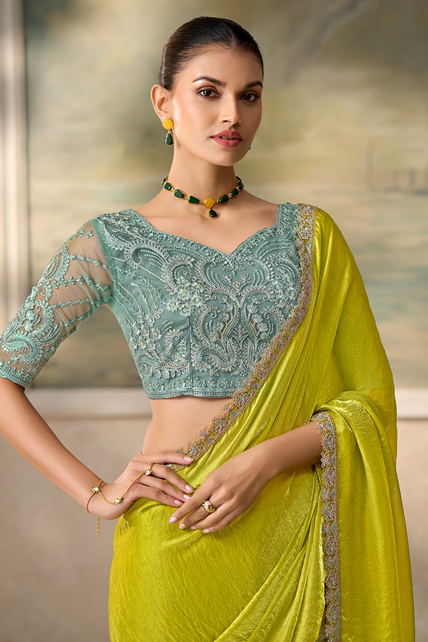 Electric Green Embroidered Satin Saree-SAR13186_2_SareeButa.com