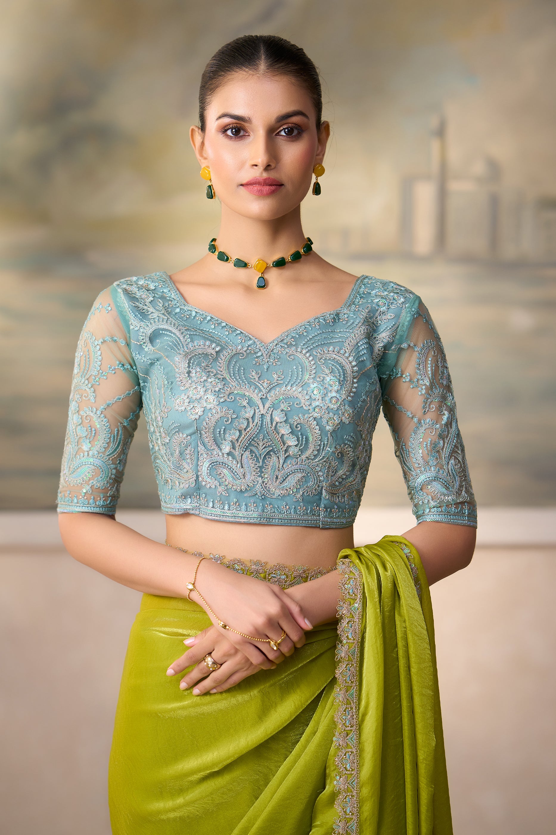 Electric Green Embroidered Satin Saree-SAR13186_3_SareeButa.com