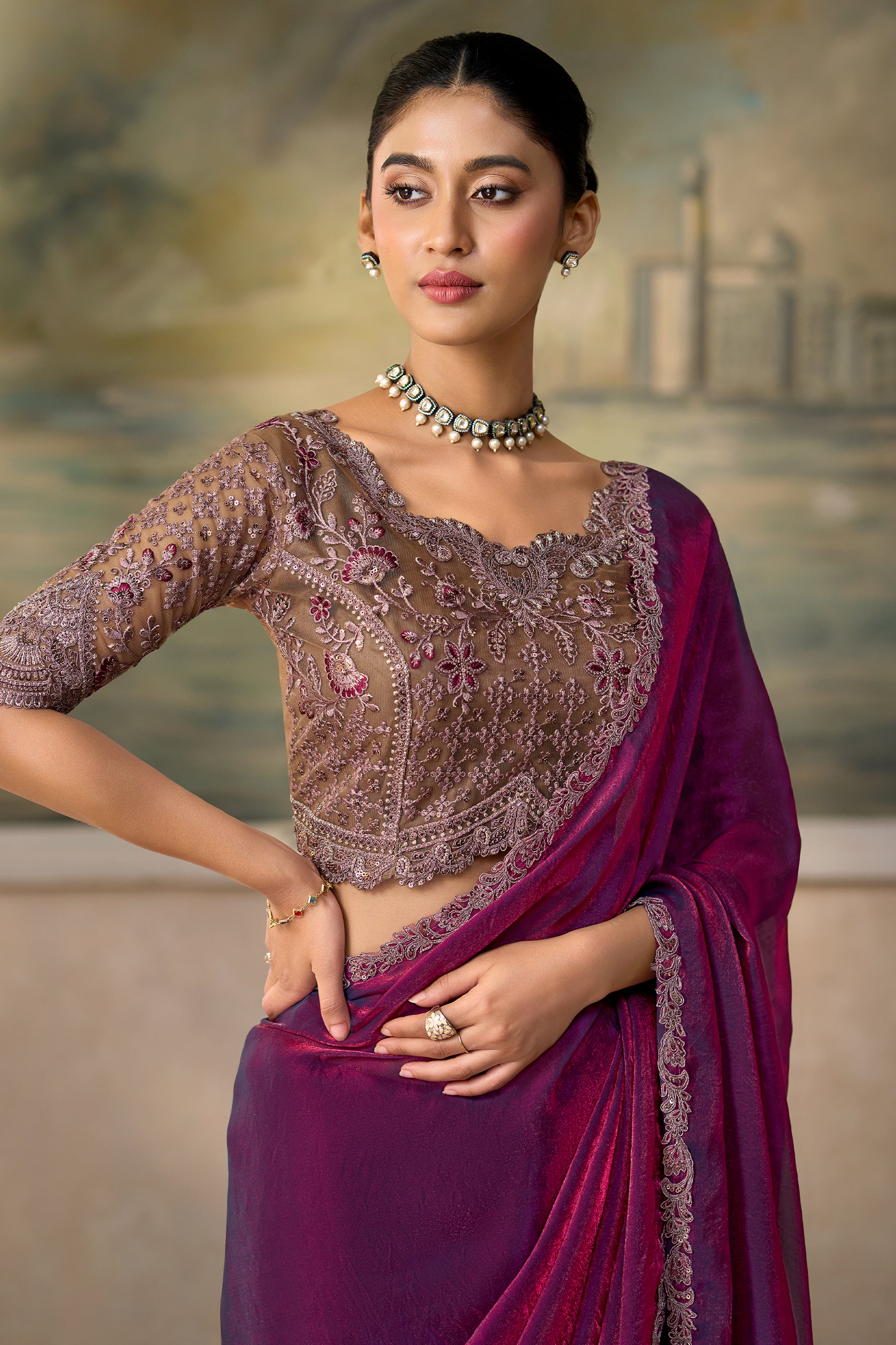Electric Wine Embroidered Satin Silk Saree-SAR13173_2_SareeButa.com