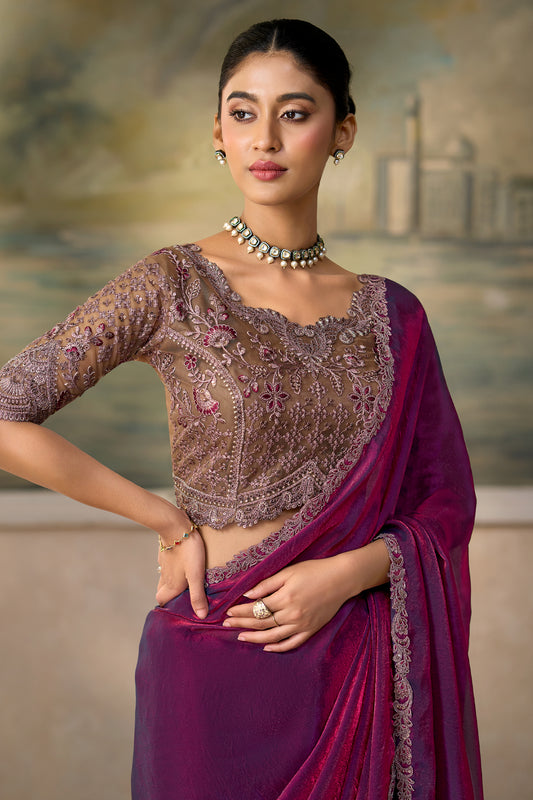Electric Wine Embroidered Satin Silk Saree-SAR13173_2_SareeButa.com