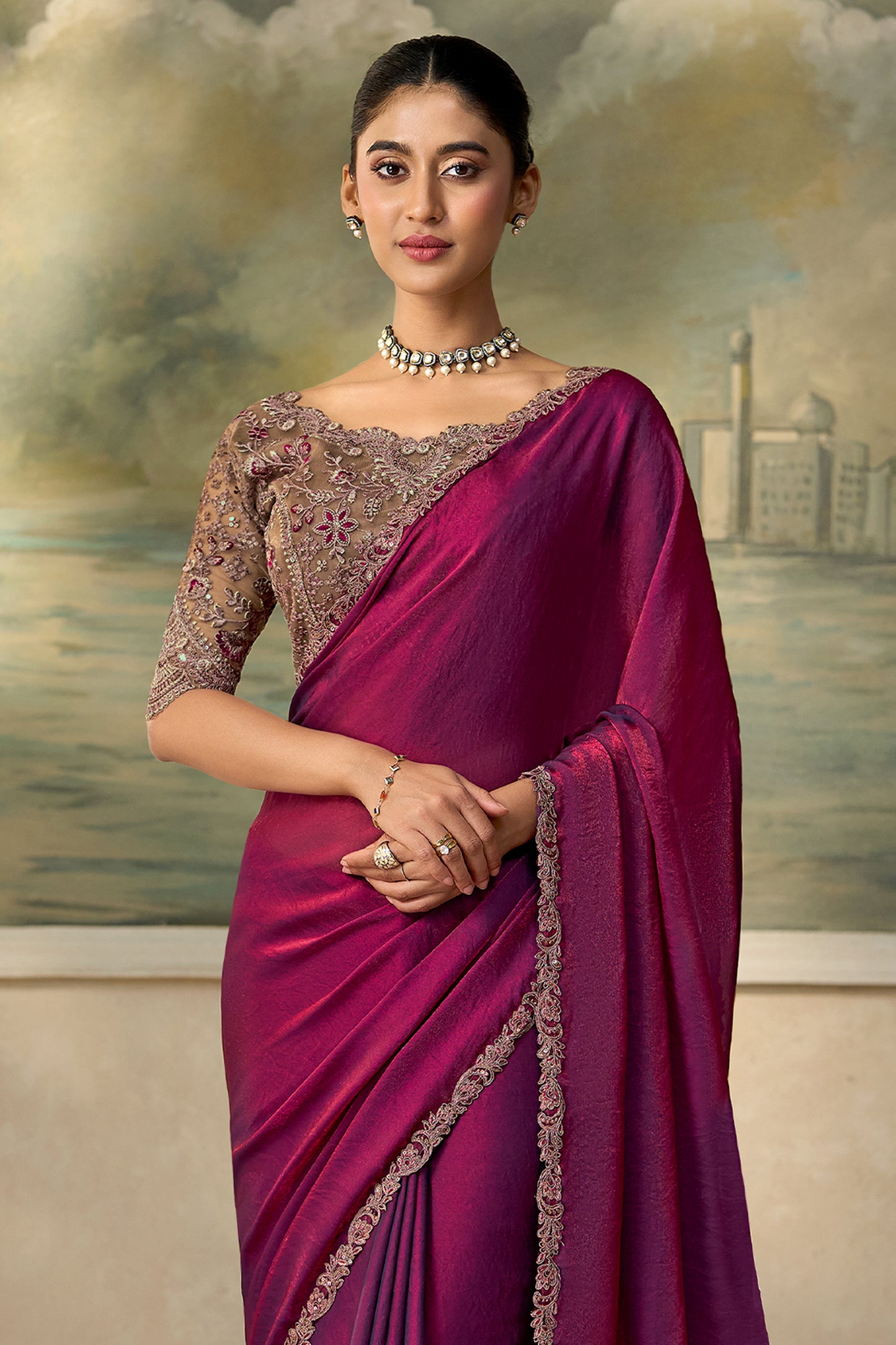 Electric Wine Embroidered Satin Silk Saree-SAR13173_5_SareeButa.com