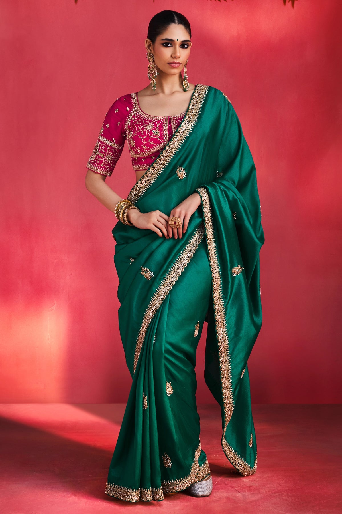 Emerald Green Chiffon Zari Border Saree-SAR13304_1_SareeButa.com