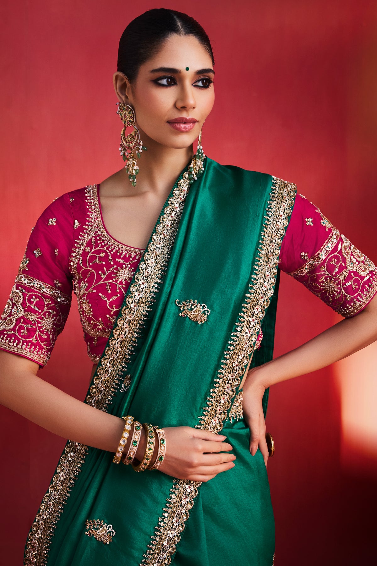 Emerald Green Chiffon Zari Border Saree-SAR13304_2_SareeButa.com