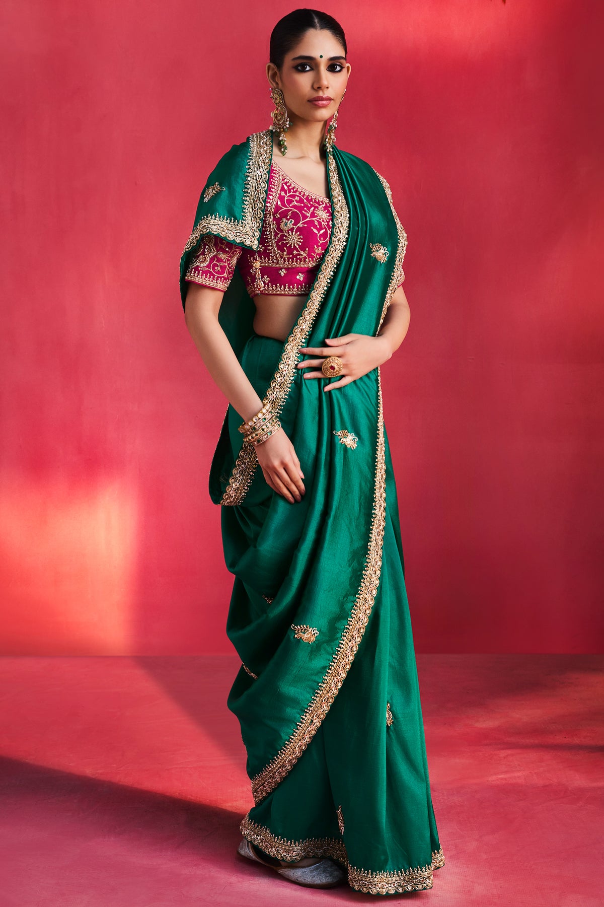 Emerald Green Chiffon Zari Border Saree-SAR13304_4_SareeButa.com