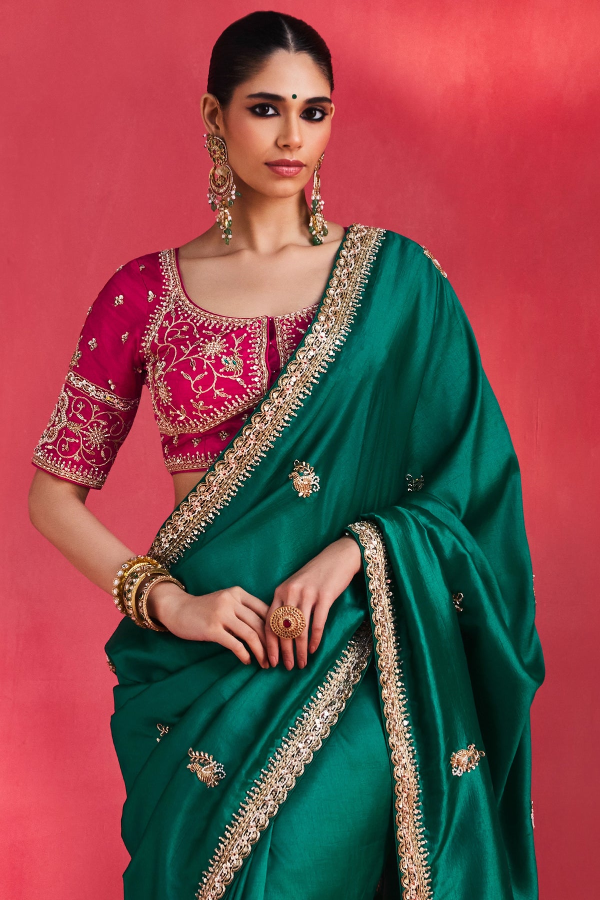 Emerald Green Chiffon Zari Border Saree-SAR13304_5_SareeButa.com