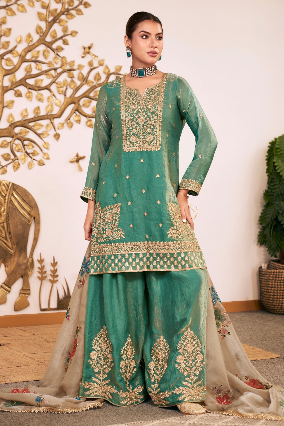 Emerald Green Fendy Silk Embroidered Palazzo Suit-SAR13547_1_SareeButa.com