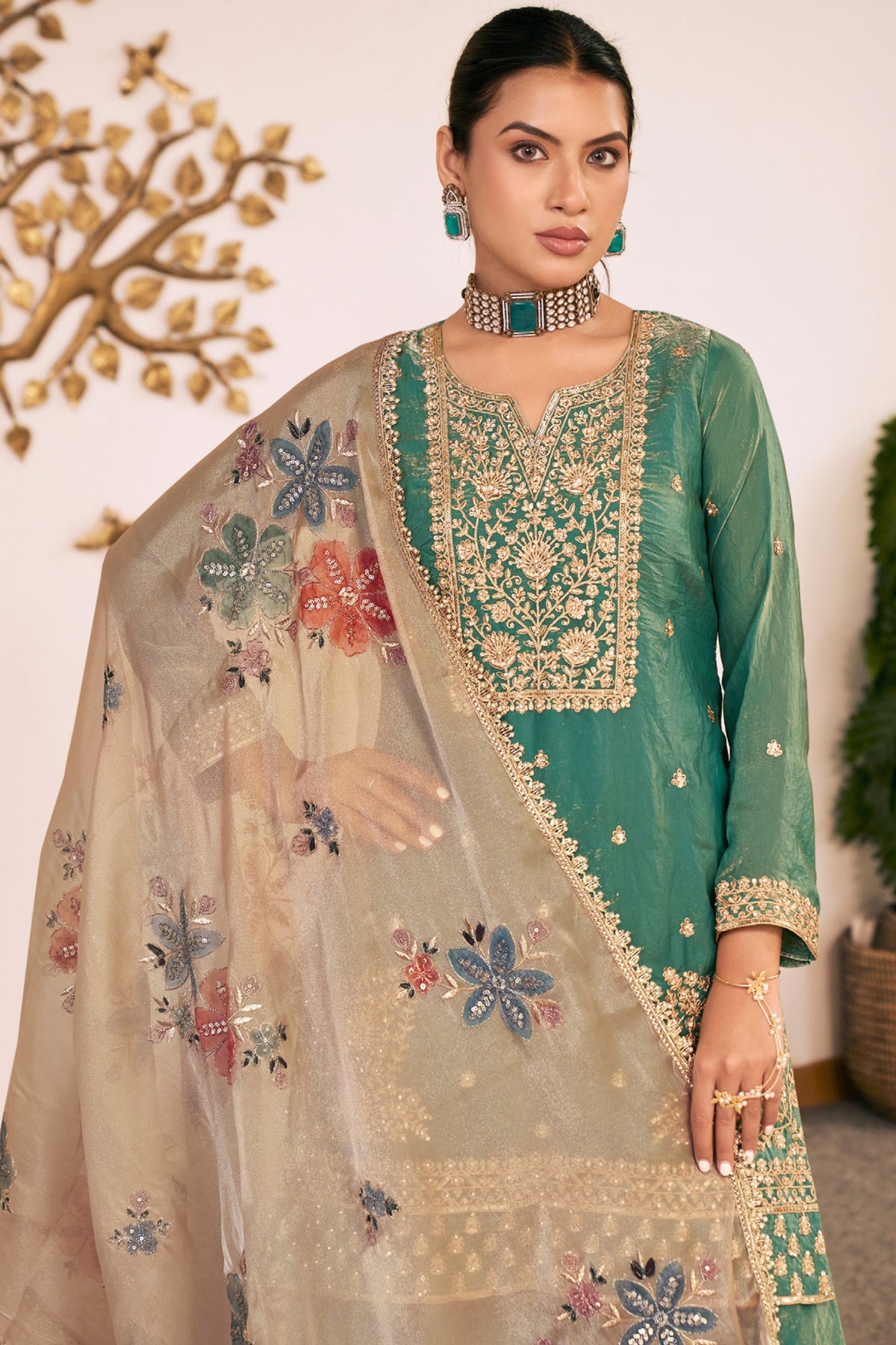 Emerald Green Fendy Silk Embroidered Palazzo Suit-SAR13547_4_SareeButa.com
