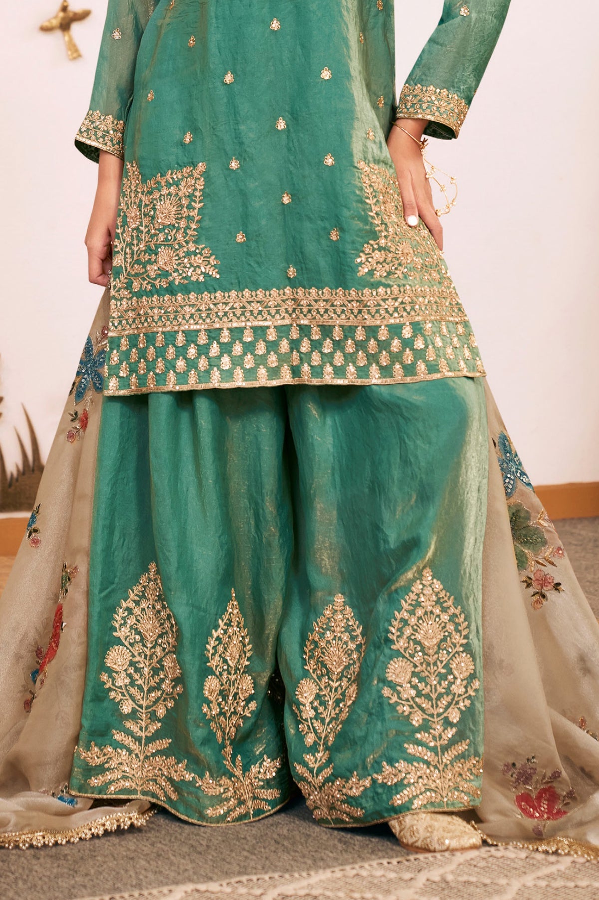 Emerald Green Fendy Silk Embroidered Palazzo Suit-SAR13547_5_SareeButa.com