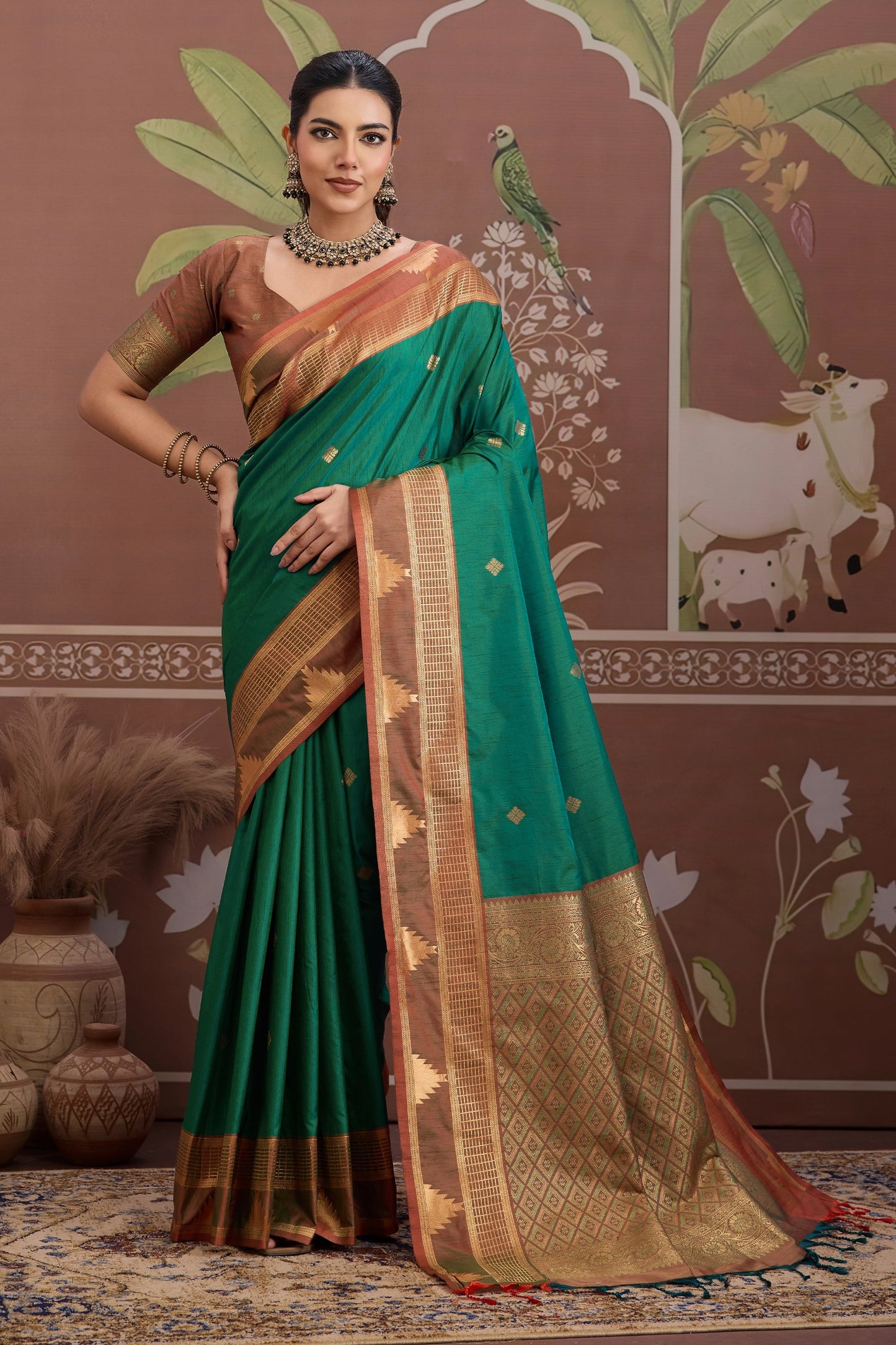 Emerald Green Woven Tussar Silk Saree-SAR11208_1_SareeButa.com