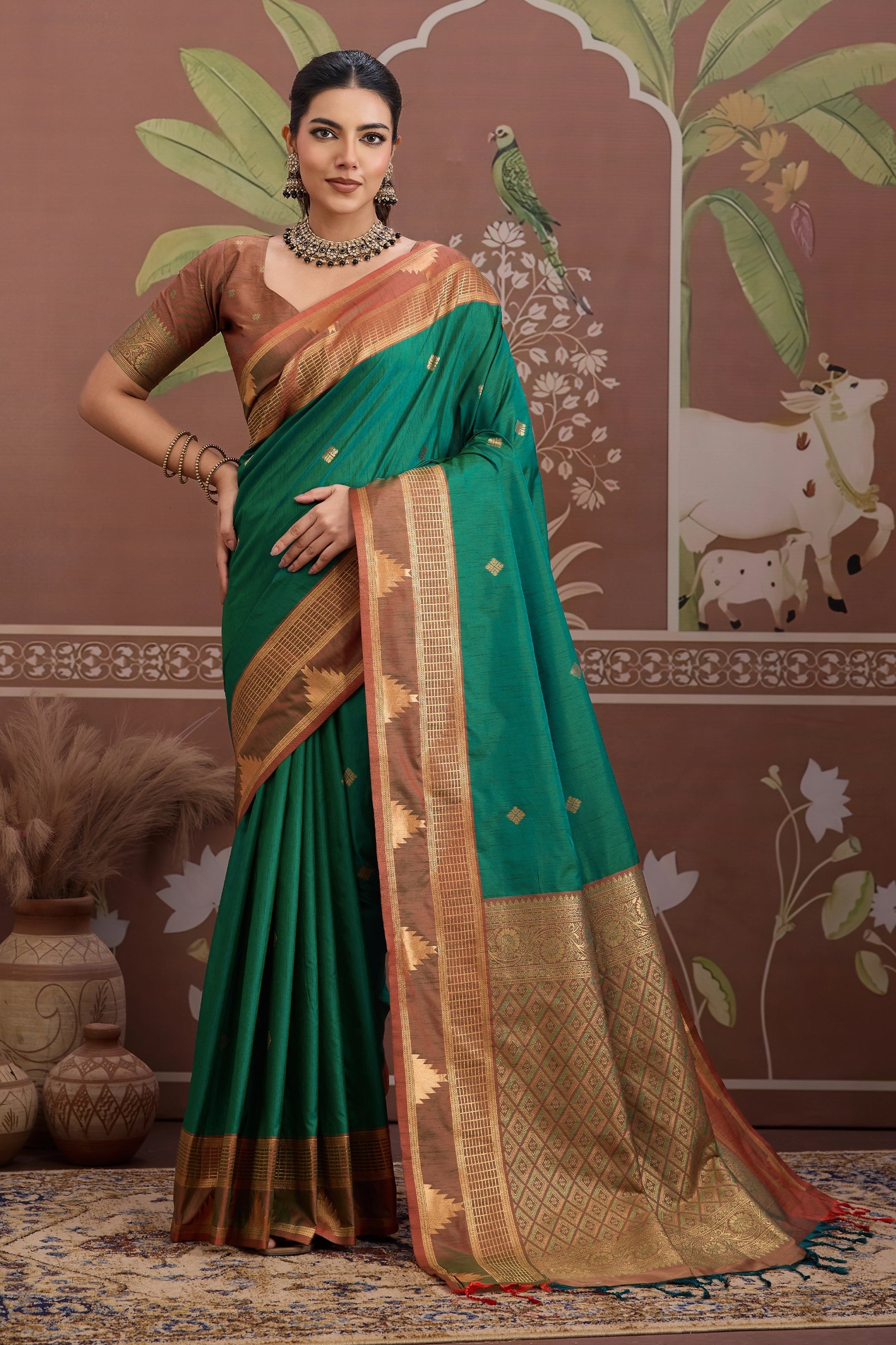 Emerald Green Woven Tussar Silk Saree-SAR11208_1_SareeButa.com