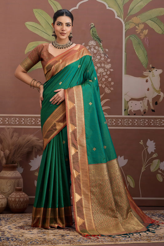 Emerald Green Woven Tussar Silk Saree-SAR11208_1_SareeButa.com