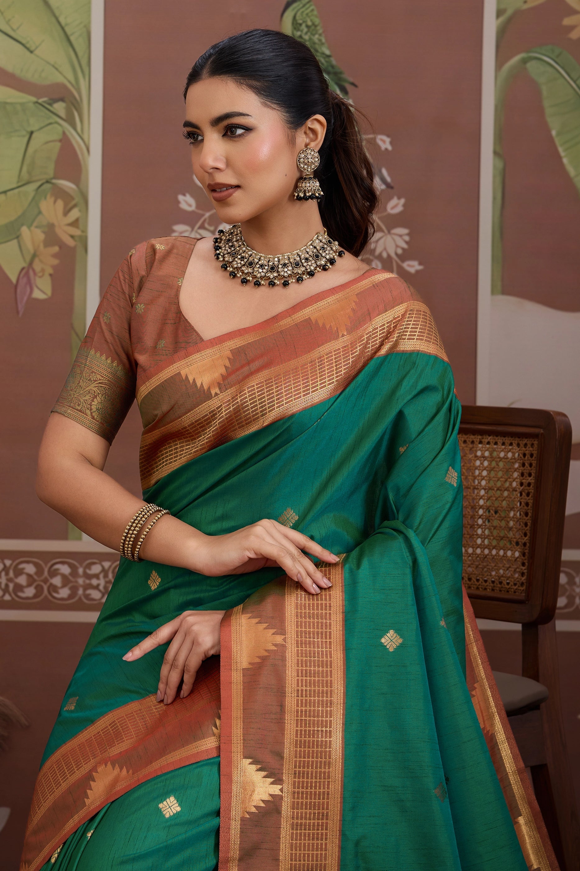 Emerald Green Woven Tussar Silk Saree-SAR11208_2_SareeButa.com