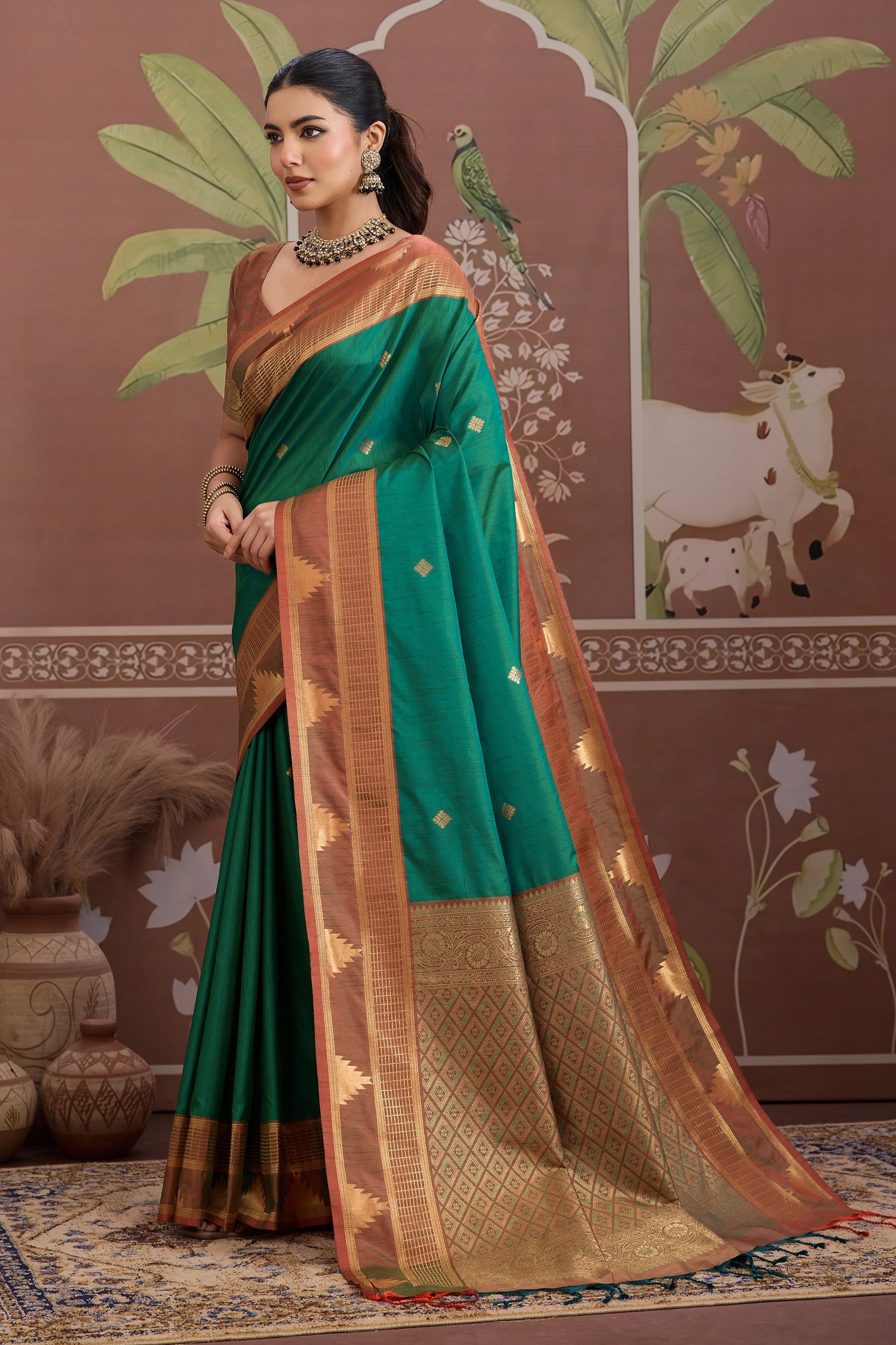 Emerald Green Woven Tussar Silk Saree-SAR11208_4_SareeButa.com