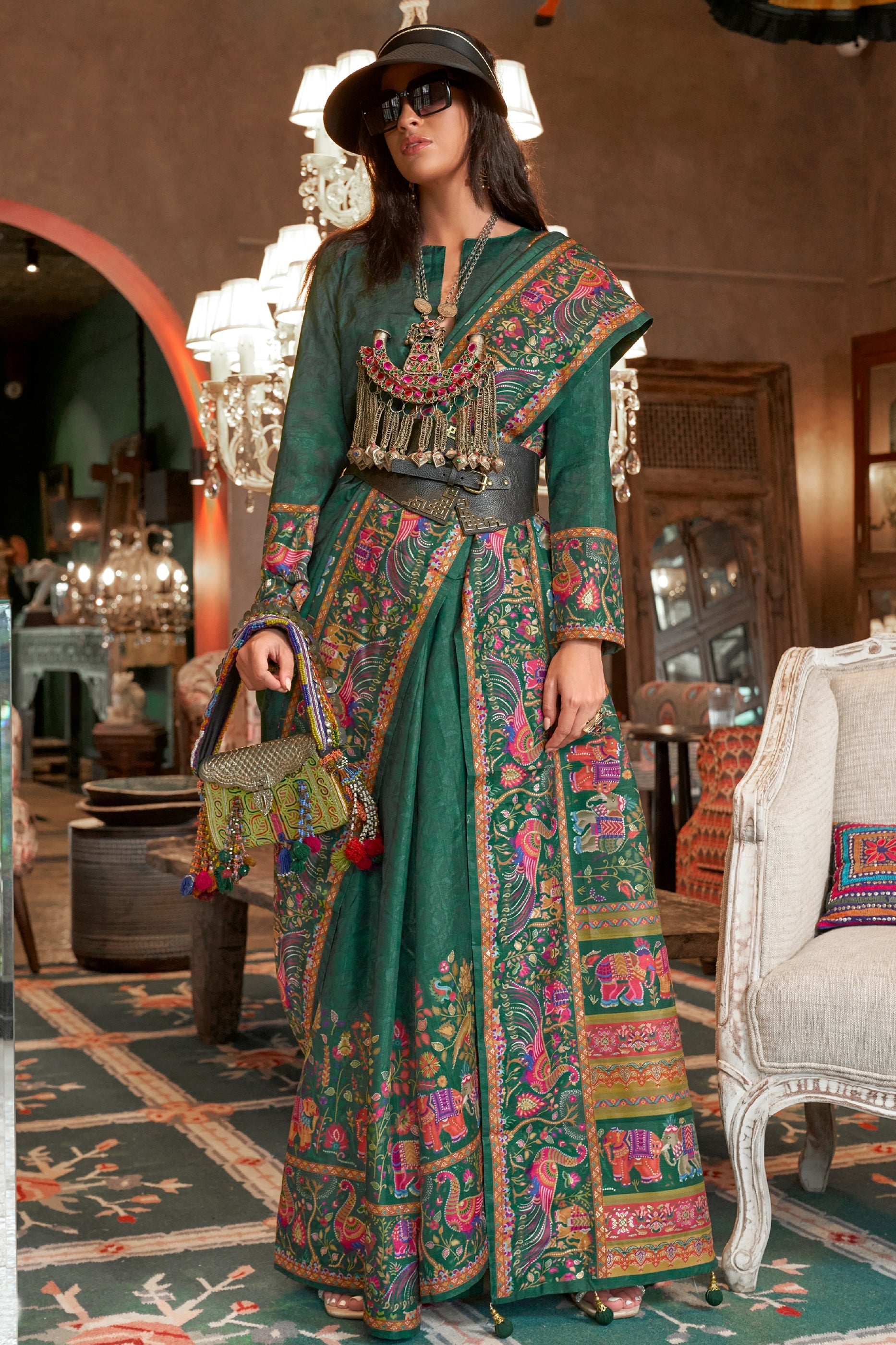 Forest Green Printed Silk Saree-SAR11267_1_SareeButa.com