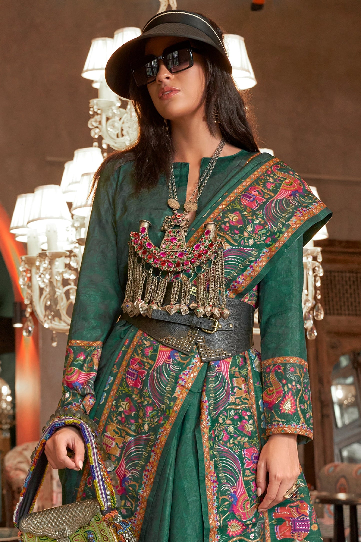 Forest Green Printed Silk Saree-SAR11267_3_SareeButa.com