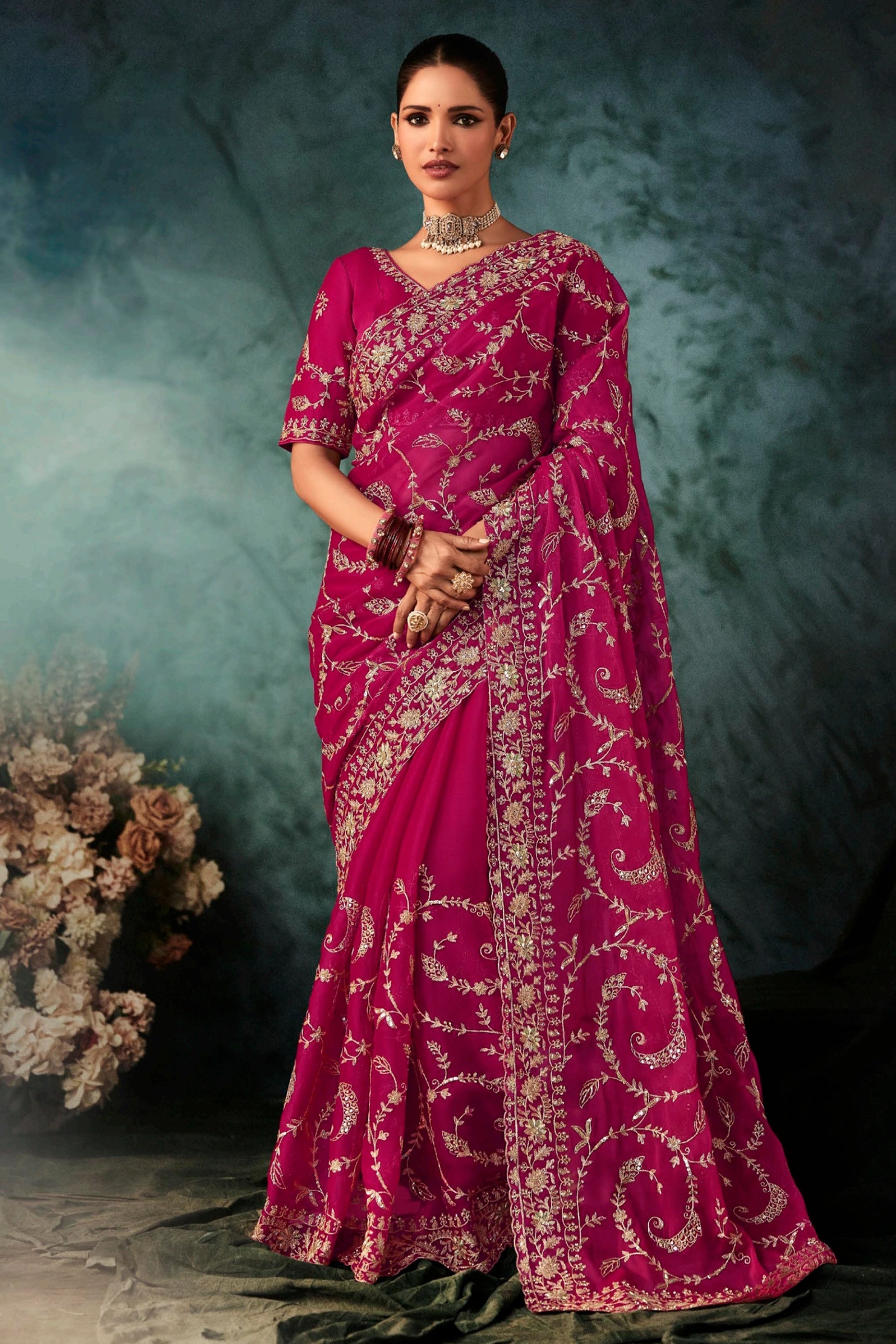 Fuchsia Pink Embroidered Crepe Silk Saree-SAR11122_1_SareeButa.com