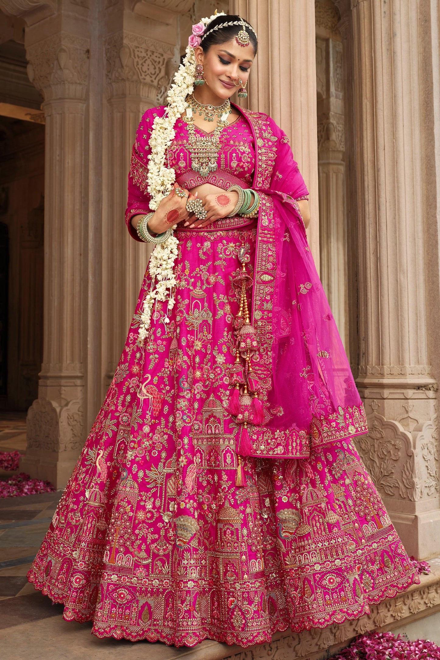 Fuchsia Pink Semi-Stitched Embroidered Silk Lehenga-SAR10534_1_SareeButa.com